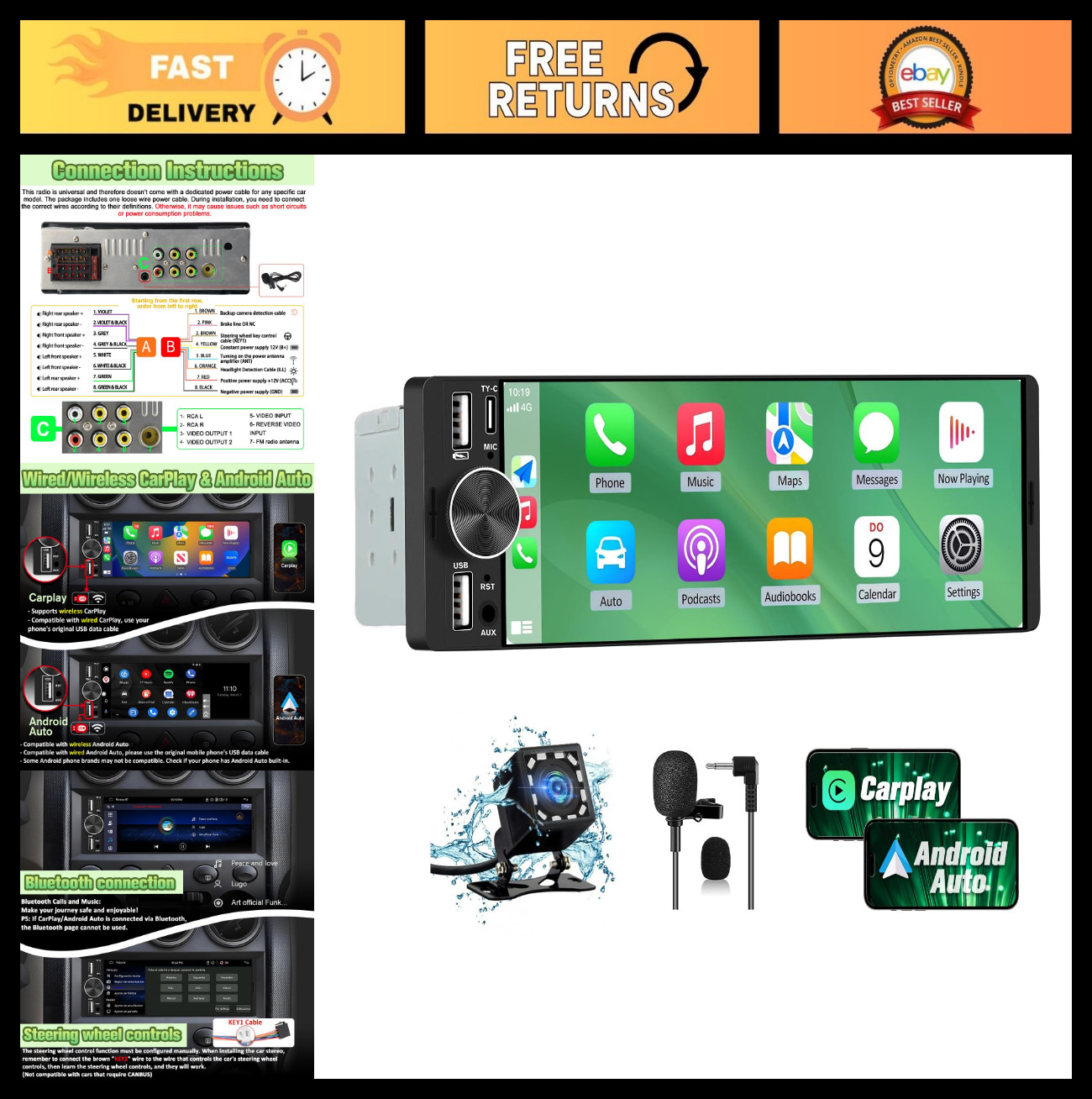 6.36″ Single Din Car Stereo – Wireless CarPlay, Android Auto, IPS Touchscreen, B
