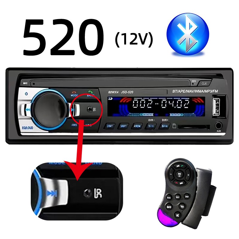 4x60W Single Din In-Dash Car Radio with Steering Remote Bluetooth MP3 Player