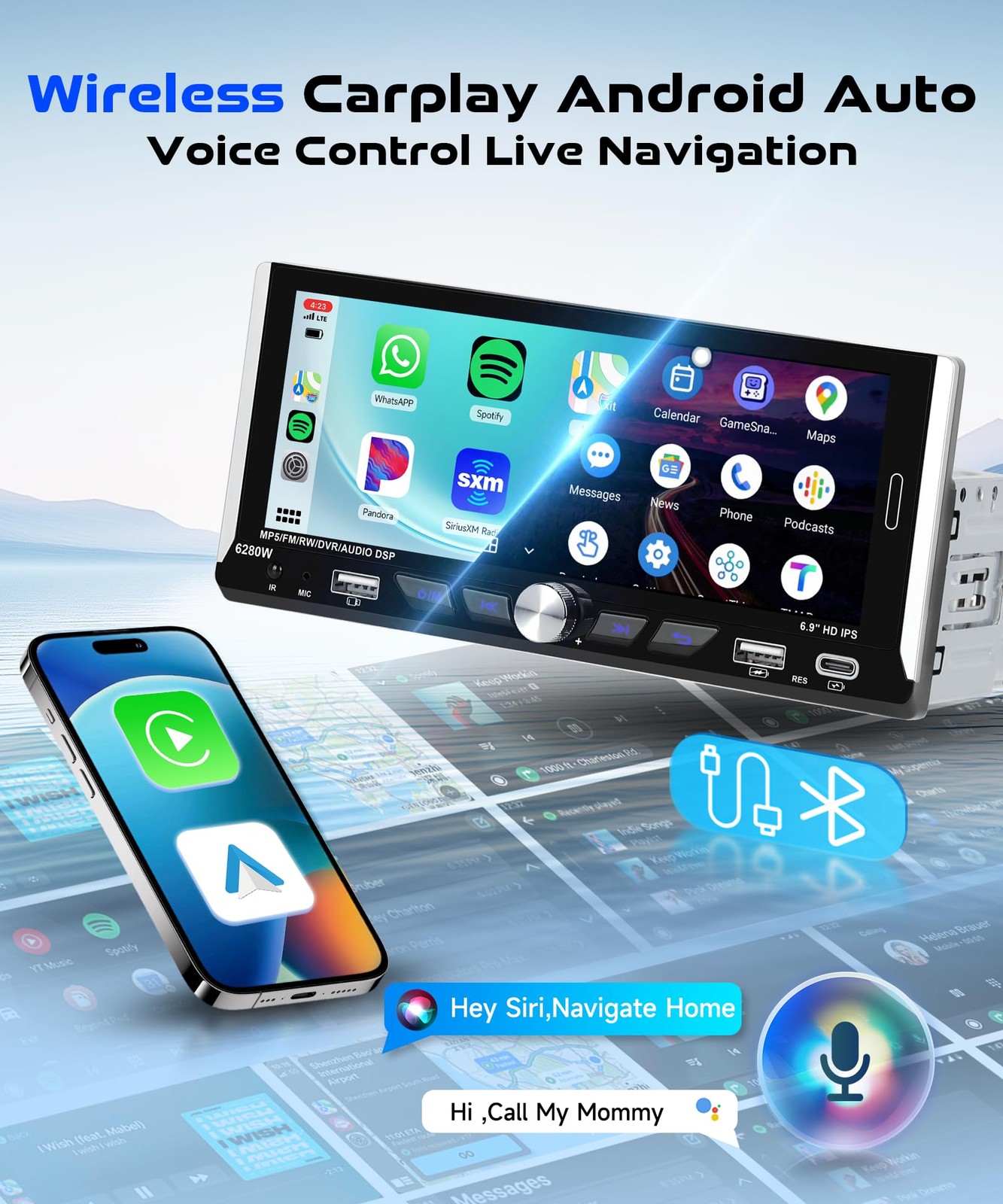 6.9-inch Single Din Car Stereo Wireless Carplay,1280X480P IPS Touch Screen Ca…