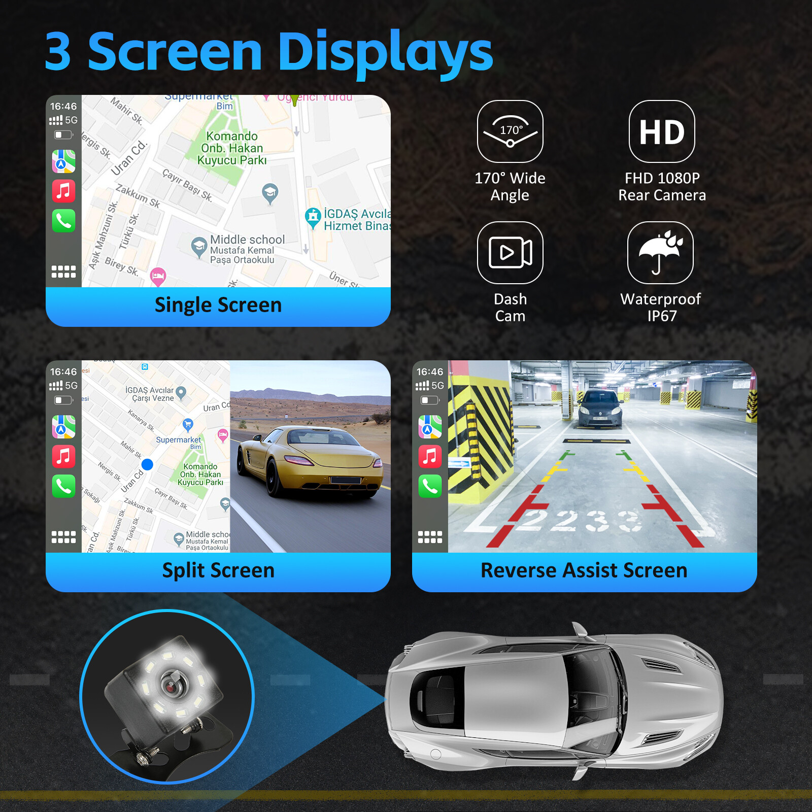 7″ Portable Touch Screen Wireless CarPlay Android Auto Car FM Radio AUX +Camera