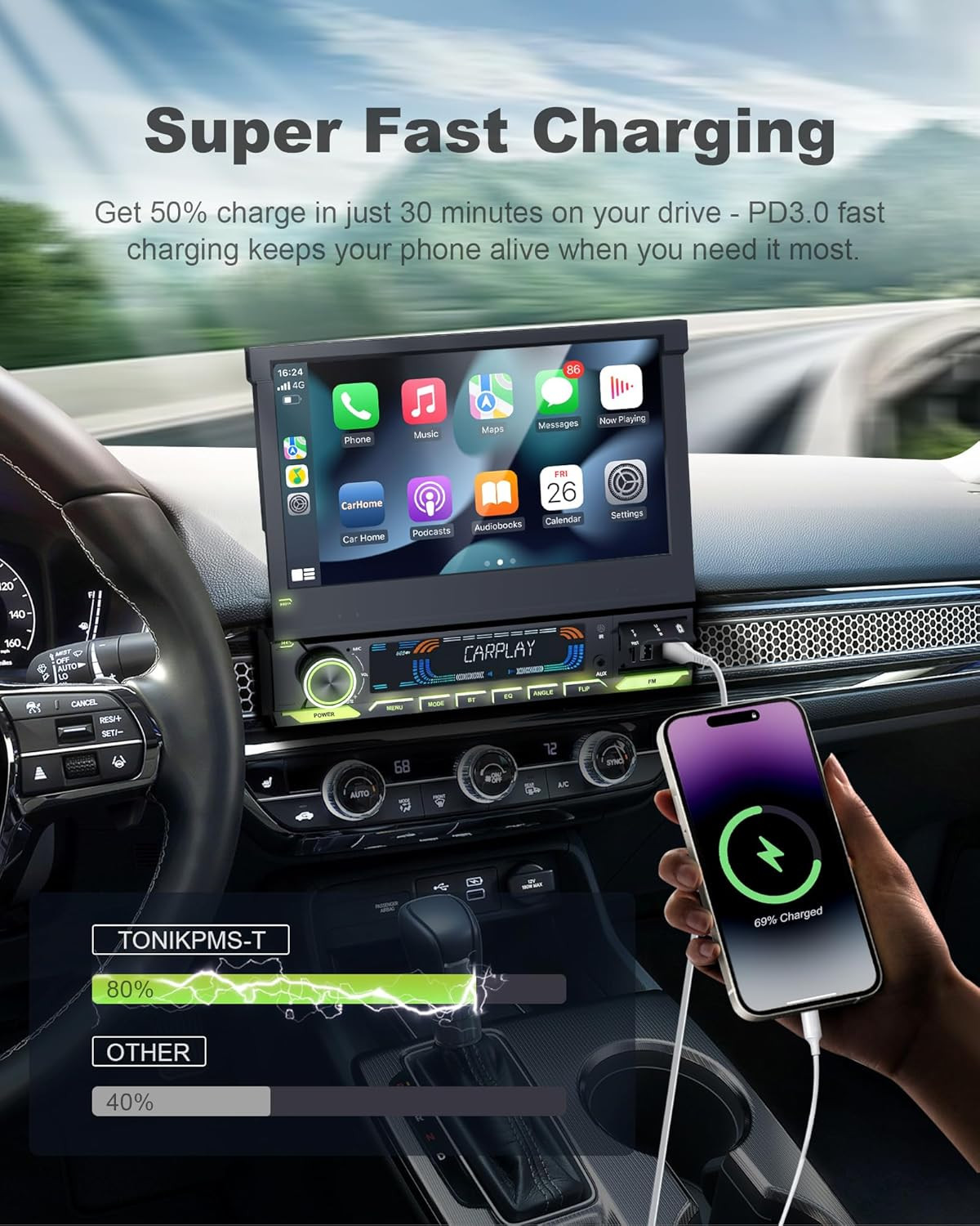 Single Din Car Stereo with Wireless Apple Carplay & Android Auto, 7-Inch HD Moto