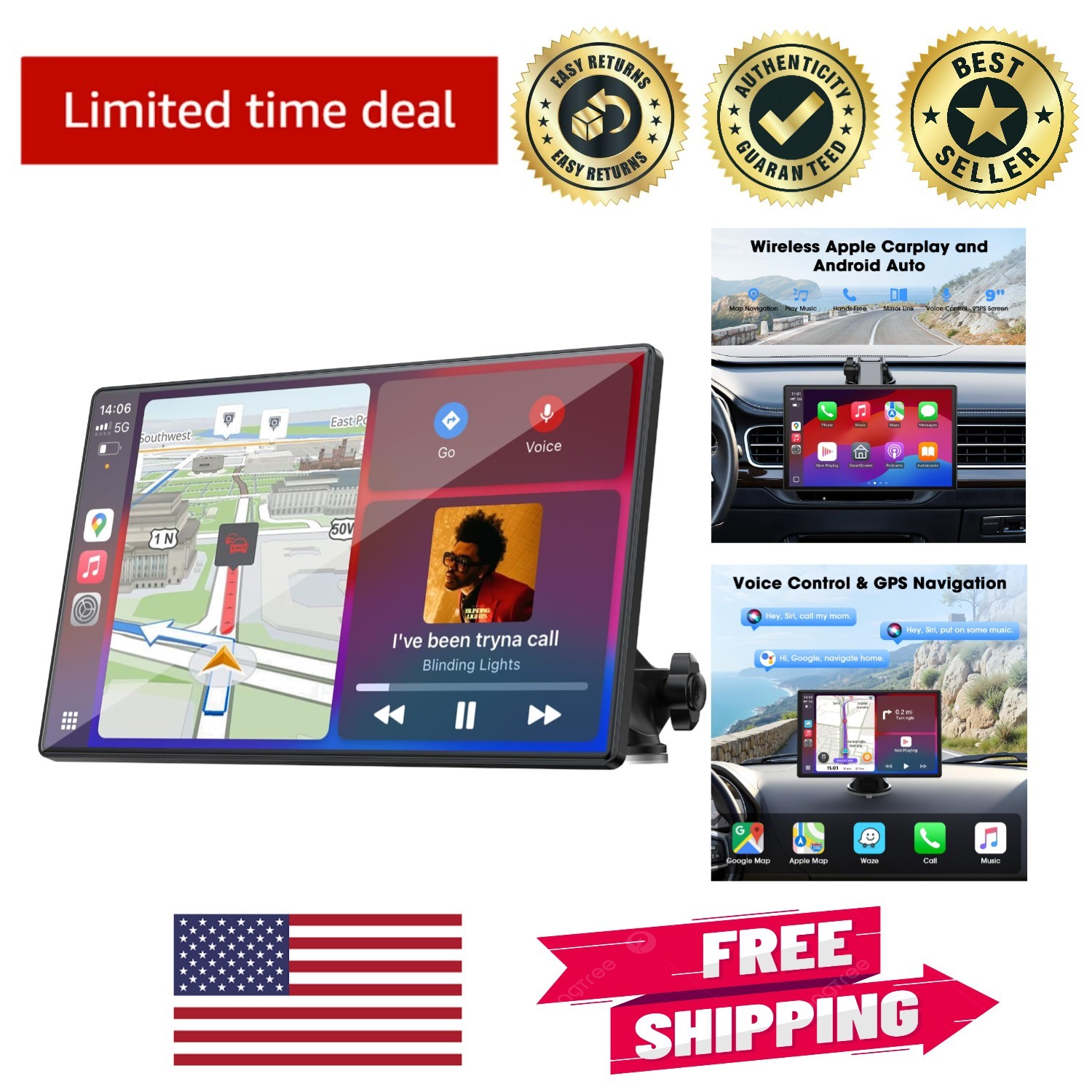 Portable 9” HD Carplay Screen with Voice Control & Bluetooth for Safer Driving