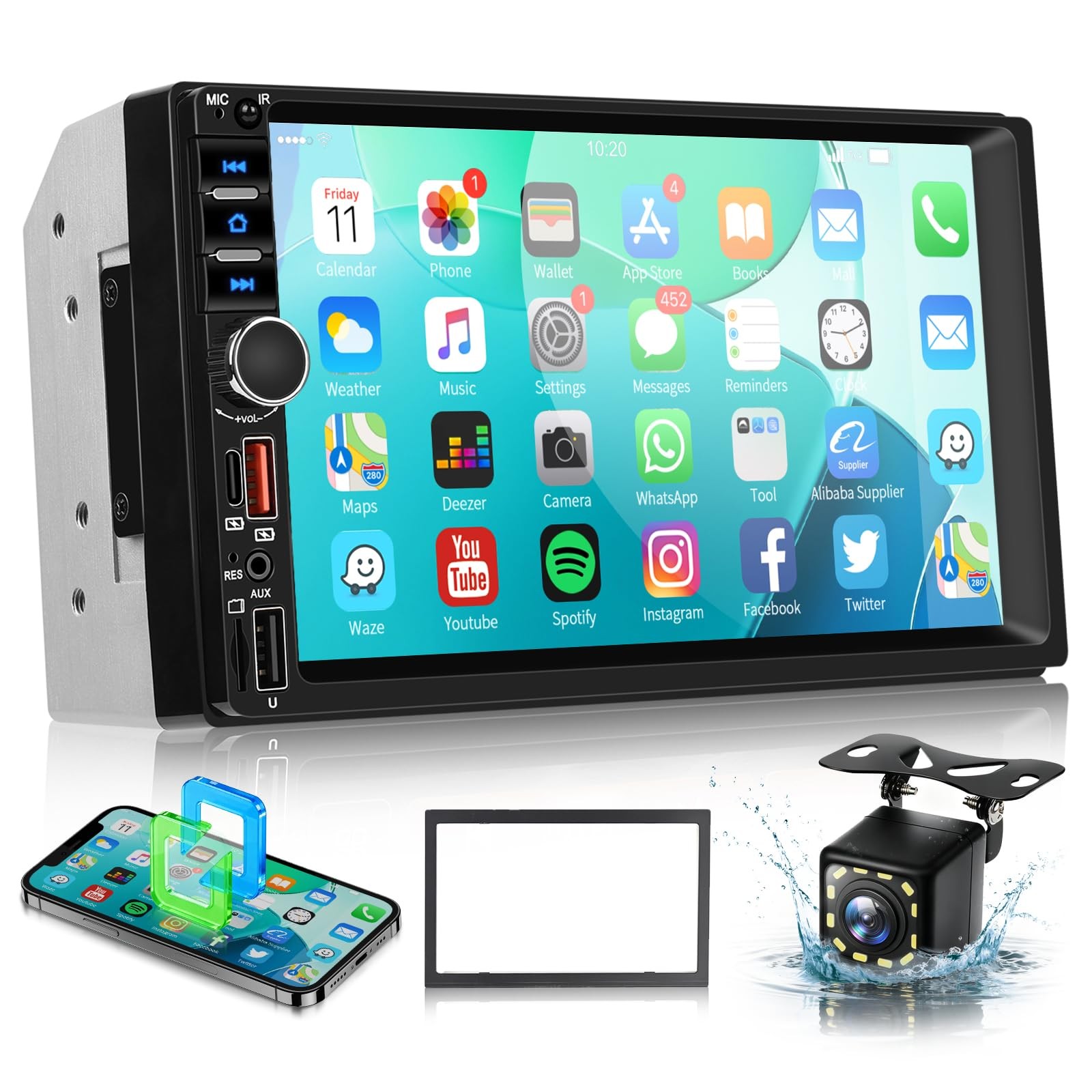 7 Inch Double Din Car Stereo, Touch Screen Bluetooth Radio Support Black