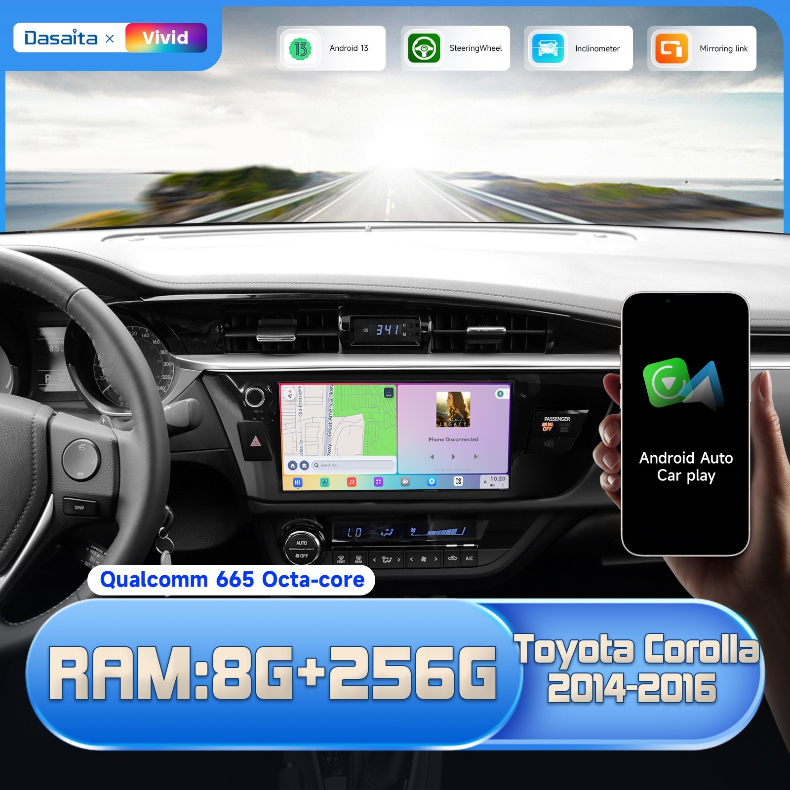 Dasaita Vivid13 Car Stereo for Toyota Corolla 14-2016 DTS BT WiFi 10.33″ Screen