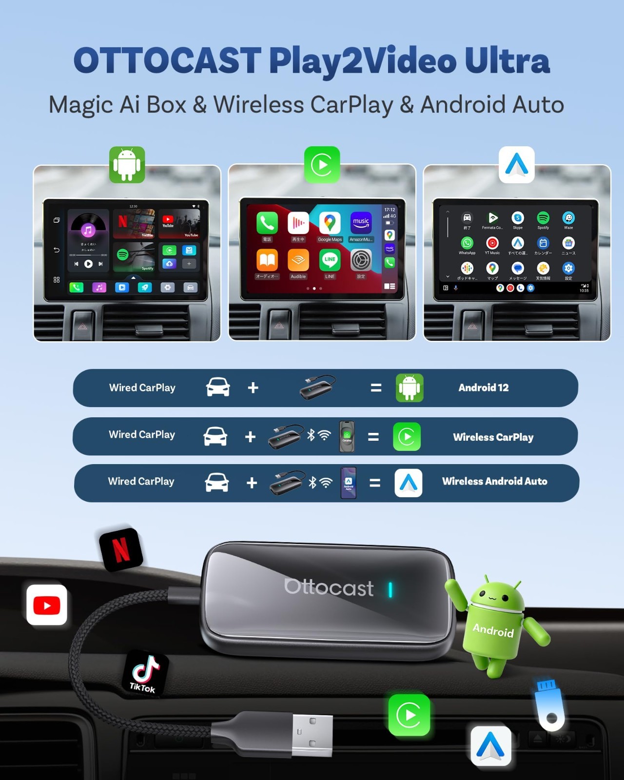 8+128G AIBox Wireless Carplay&Android Auto Multimedia Player Youtube Netflix