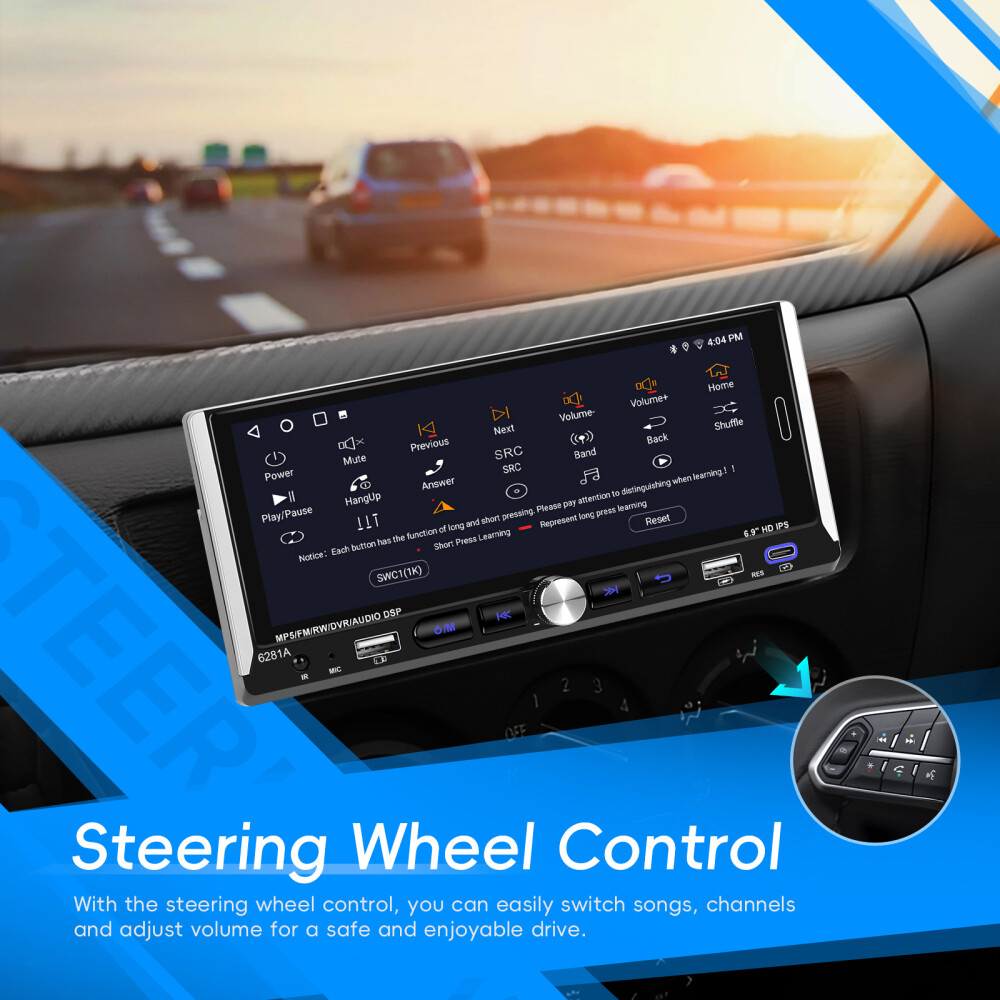 Single 1 DIN Car Radio GPS NAVI Carplay 6.9 Inch Stereo Player Android 15 2+64G