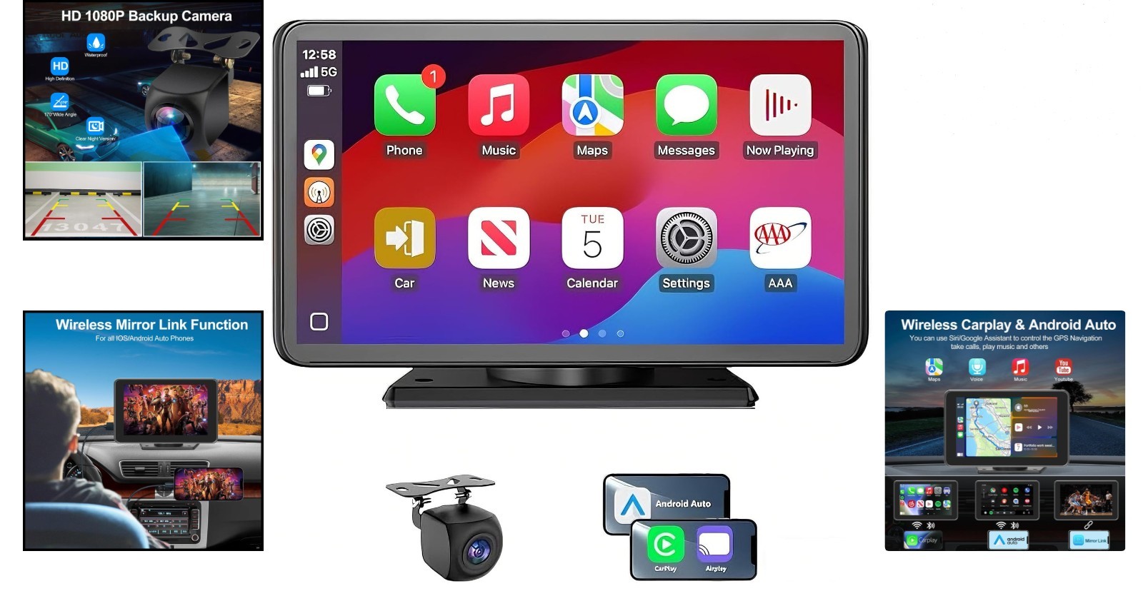 Wireless CarPlay Android Auto Car Stereo 7in Touch Screen Backup Cam Bluetooth