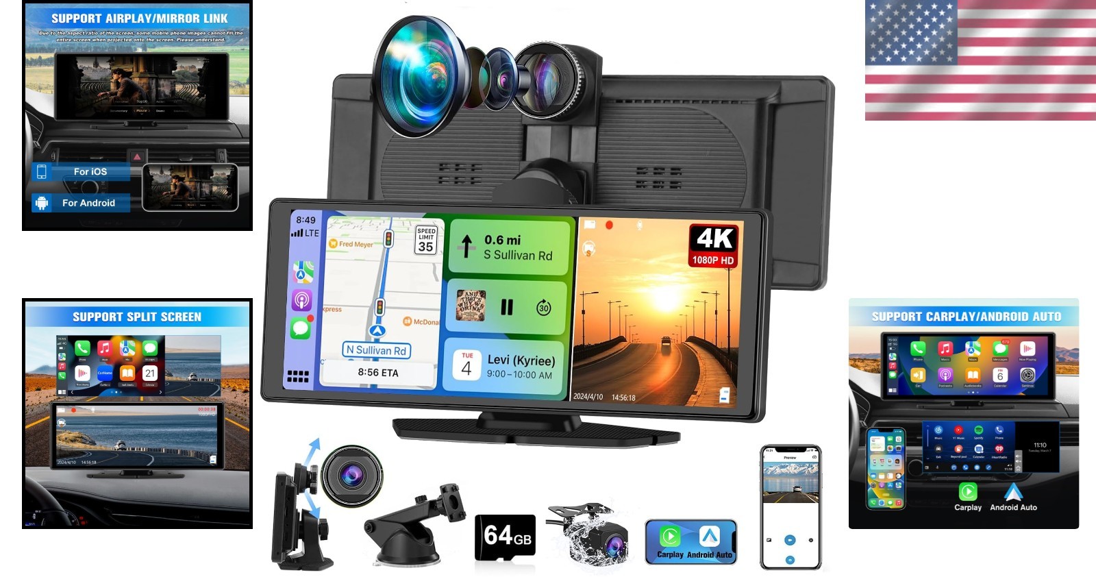 Universal Wireless CarPlay Screen with 4K+1080P Cameras, Lightweight Design