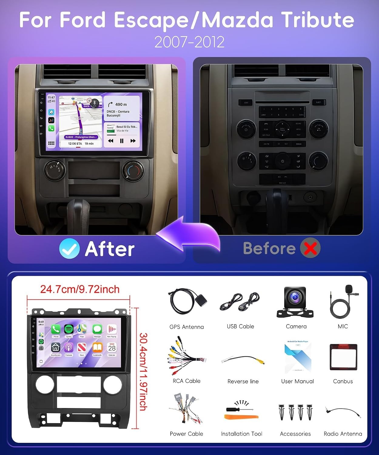 Ford Escape Kuga Mazda Tribute 2007-2012 Android 15 Stereo 2+64G 9″ GPS Screen