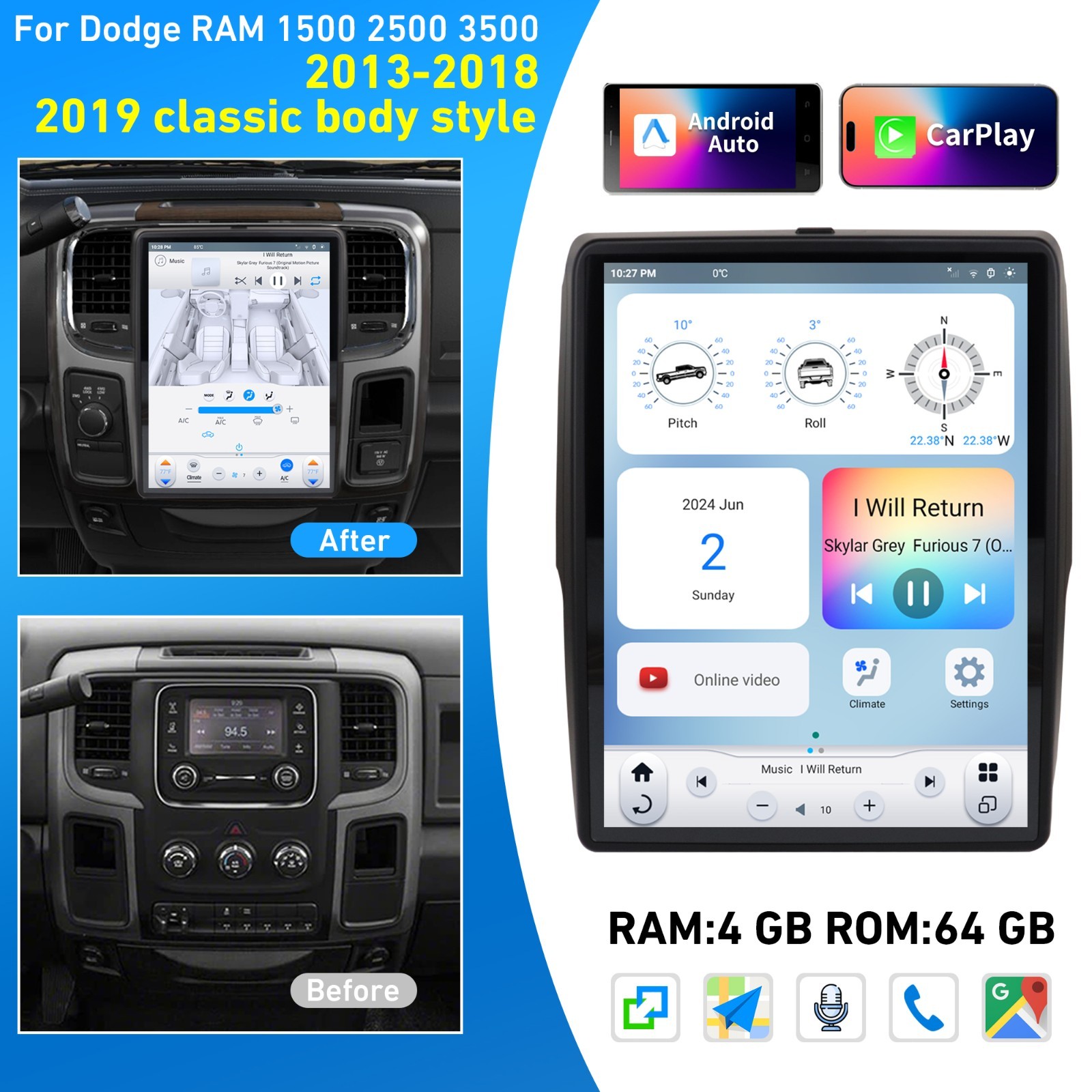 LINKSWELL GEN6 “T” Style Radio for Dodge RAM 2013-2019 Carplay Android Auto GPS