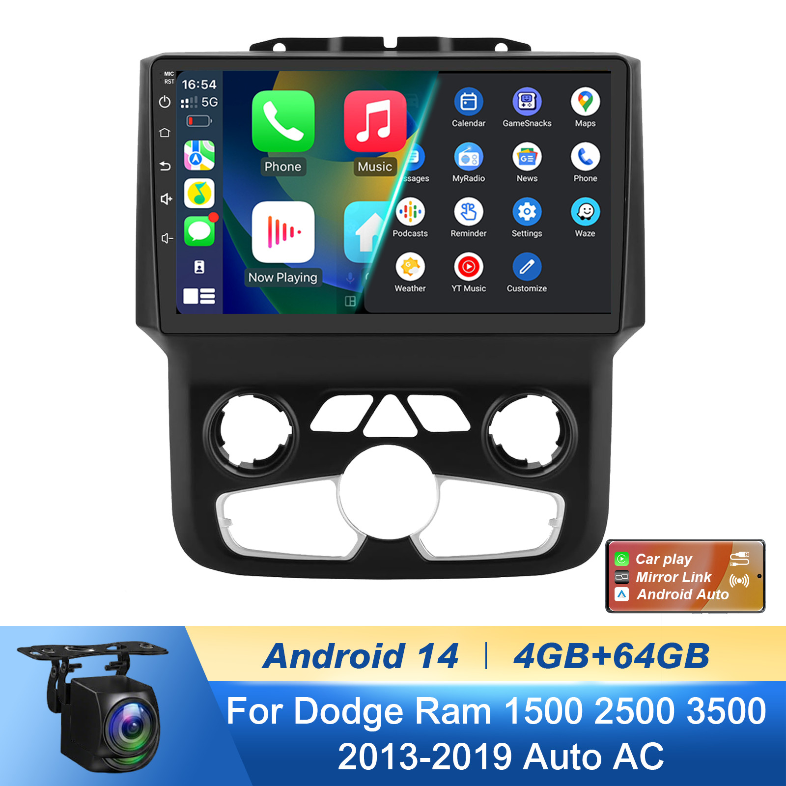 8Core 4+64G Dodge Ram1500/2500/3500 2013-2019 9″ Android14 Radio,CarPlay Auto,AM