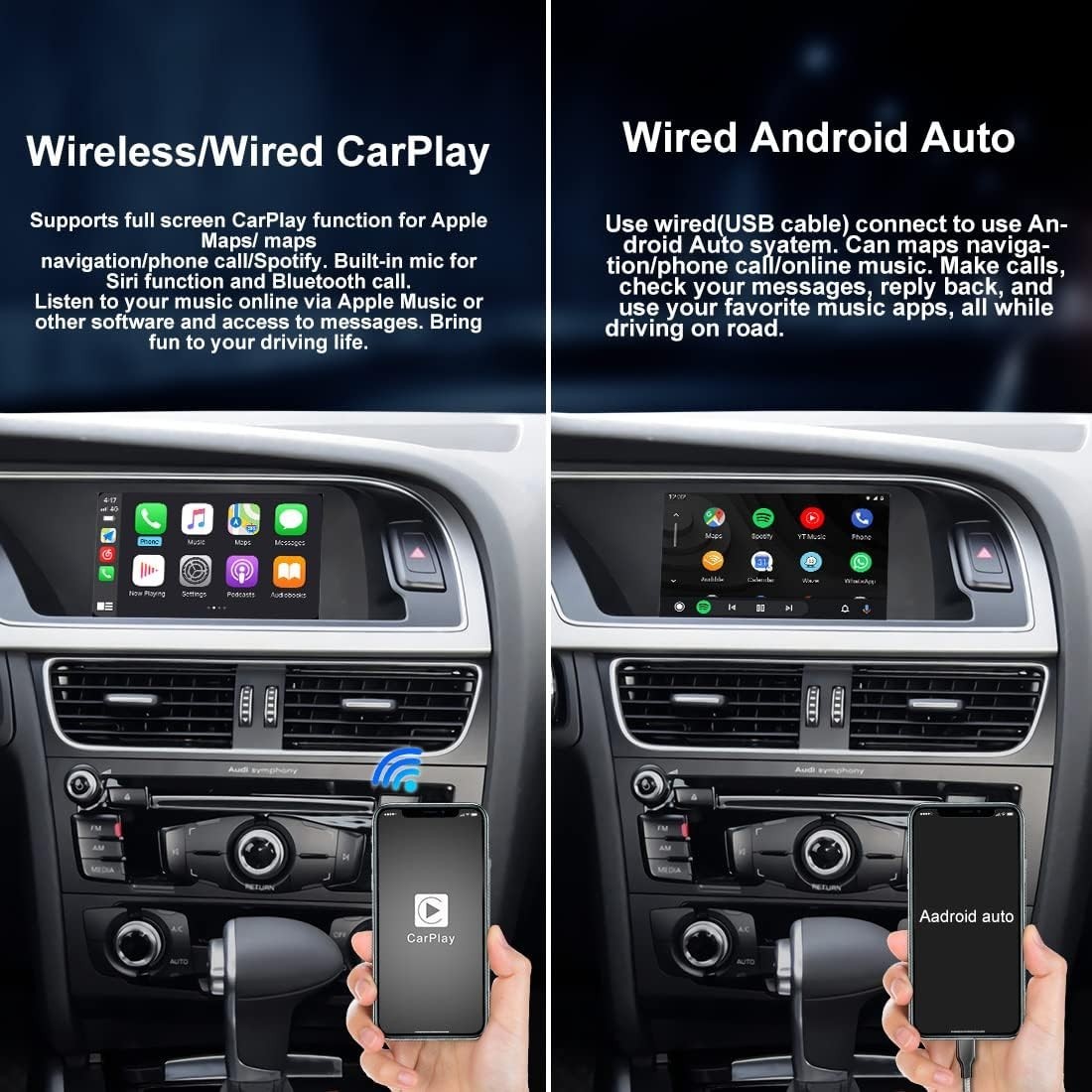 Wireless CarPlay Android Auto Audi OEM Fit 2010-16 A4 A5 Q5 MMI 2010-11 A6 A7 Q7