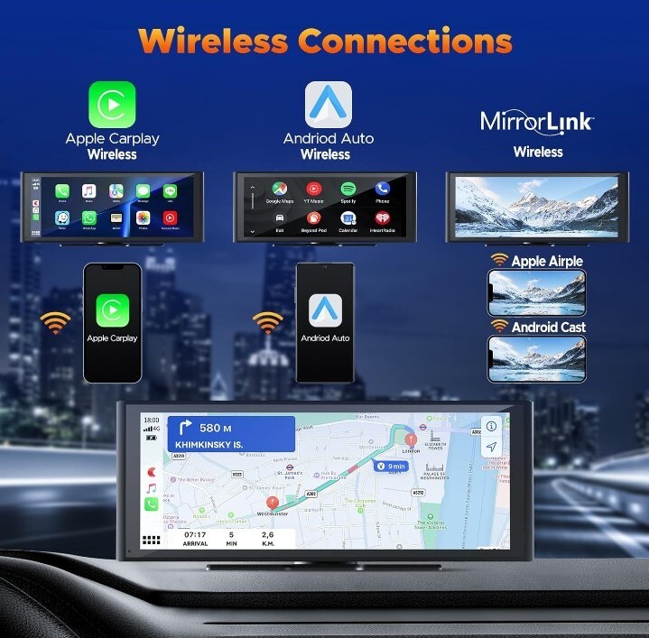 Volam 9.26” Wireless Carplay Screen Portable Car Stereo with 4K Dash Cam, 1080p