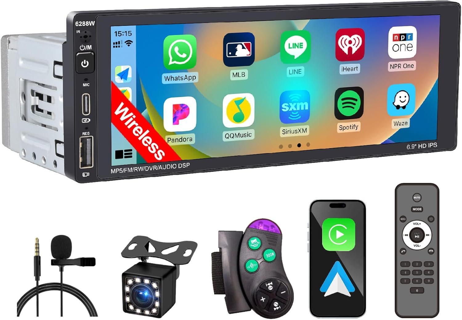 Wireless Single Din Car Stereo with Apple Carplay,Ips Touch Screen Car Radio wit