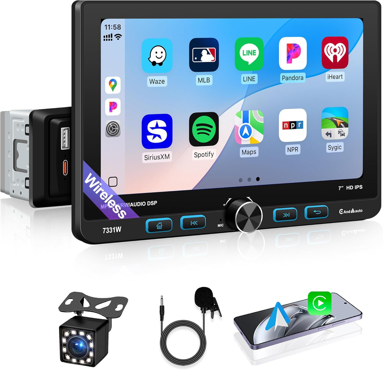 7 Inch Single Din Car Stereo Wireless Apple Carplay & Android Auto, Detachable R