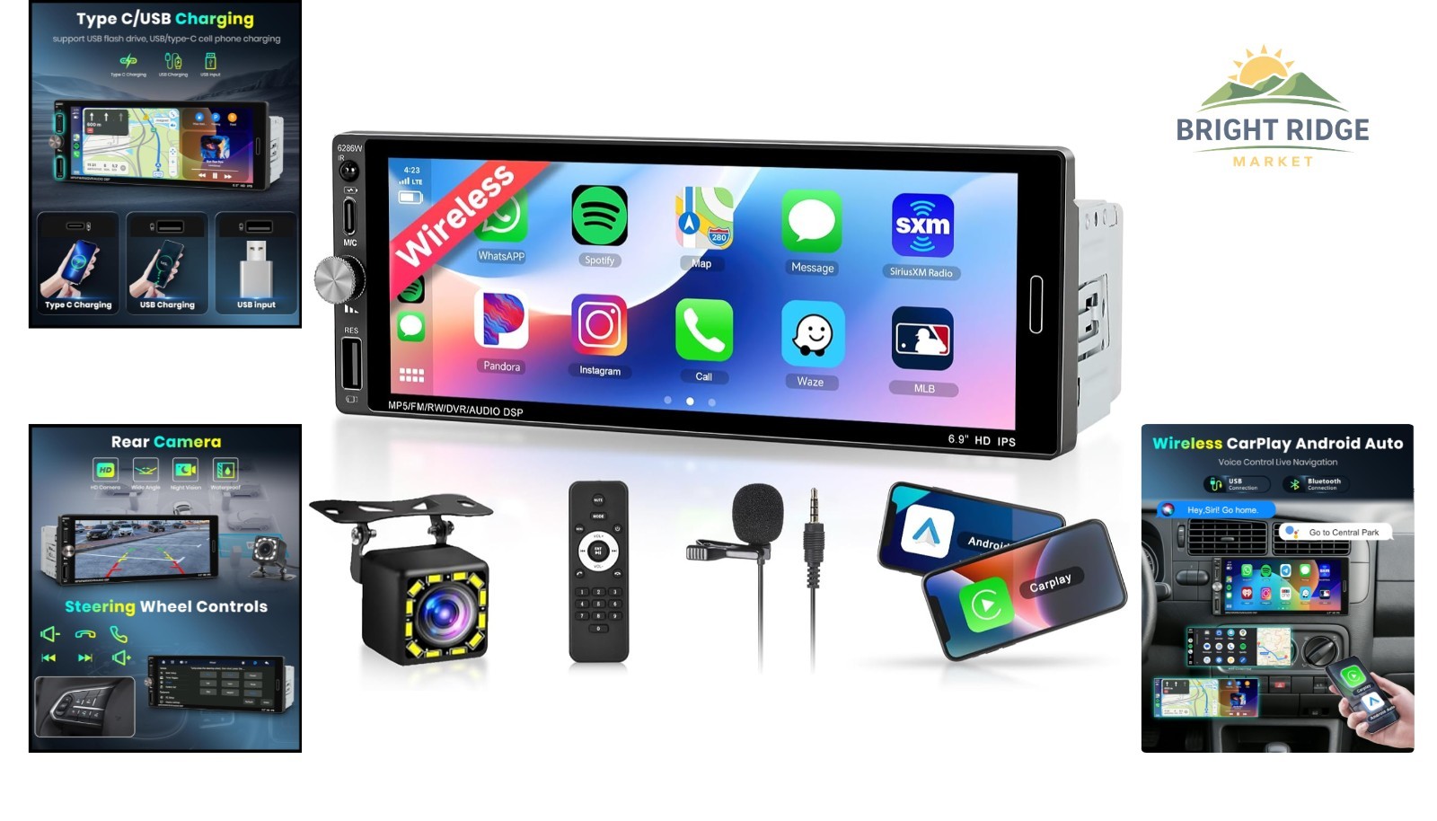 Single Din Car Stereo with 6.9 Inch Touch Screen and Wireless Carplay Support