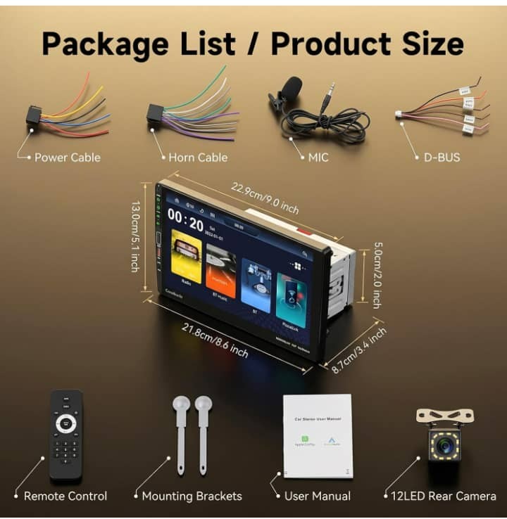 9 Inch Single Din Car Stereo with Wireless Carplay Android Auto，1 DIN Touchscree