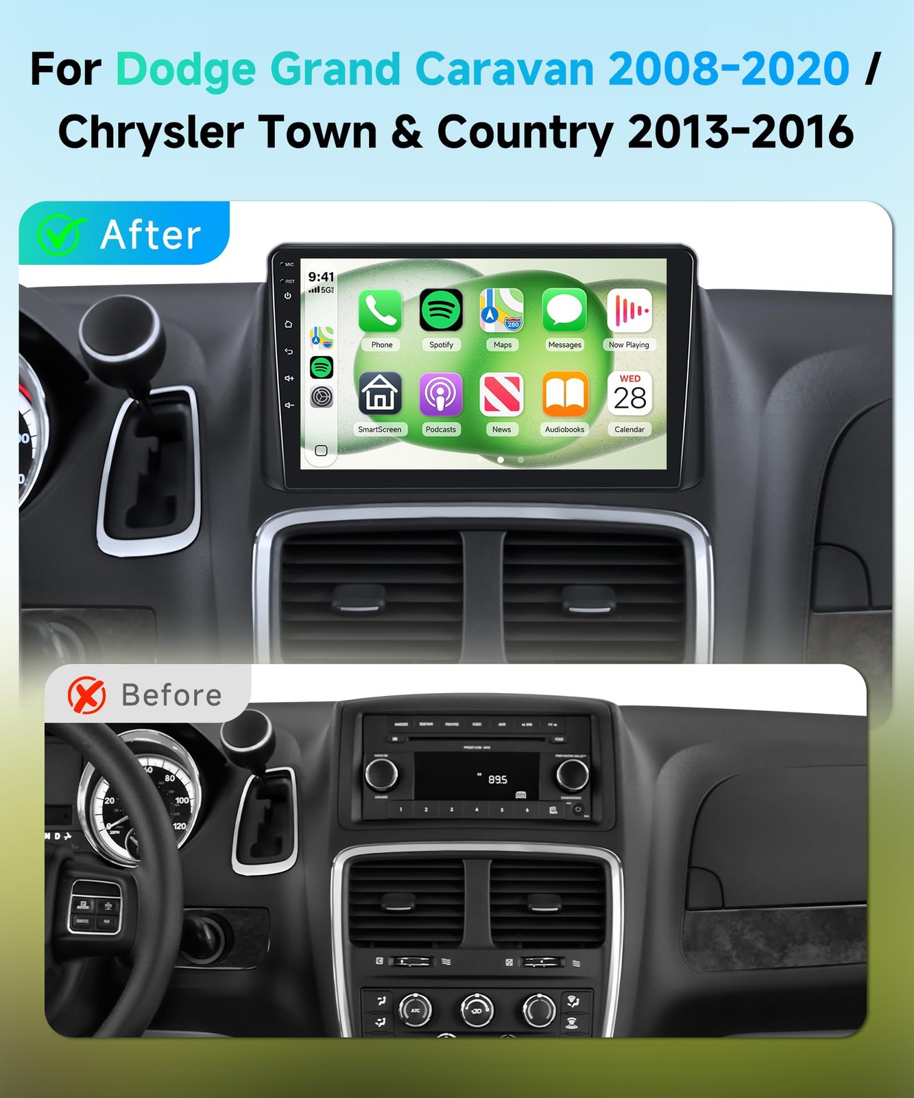 9″ Wireless Carplay & Android Auto Stereo for Grand Caravan, Town & Country