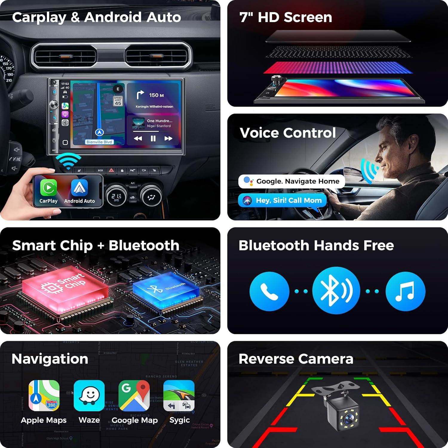 7″ Double Din Car Stereo, Wireless Apple Carplay & Android Auto, HD Touchscreen,