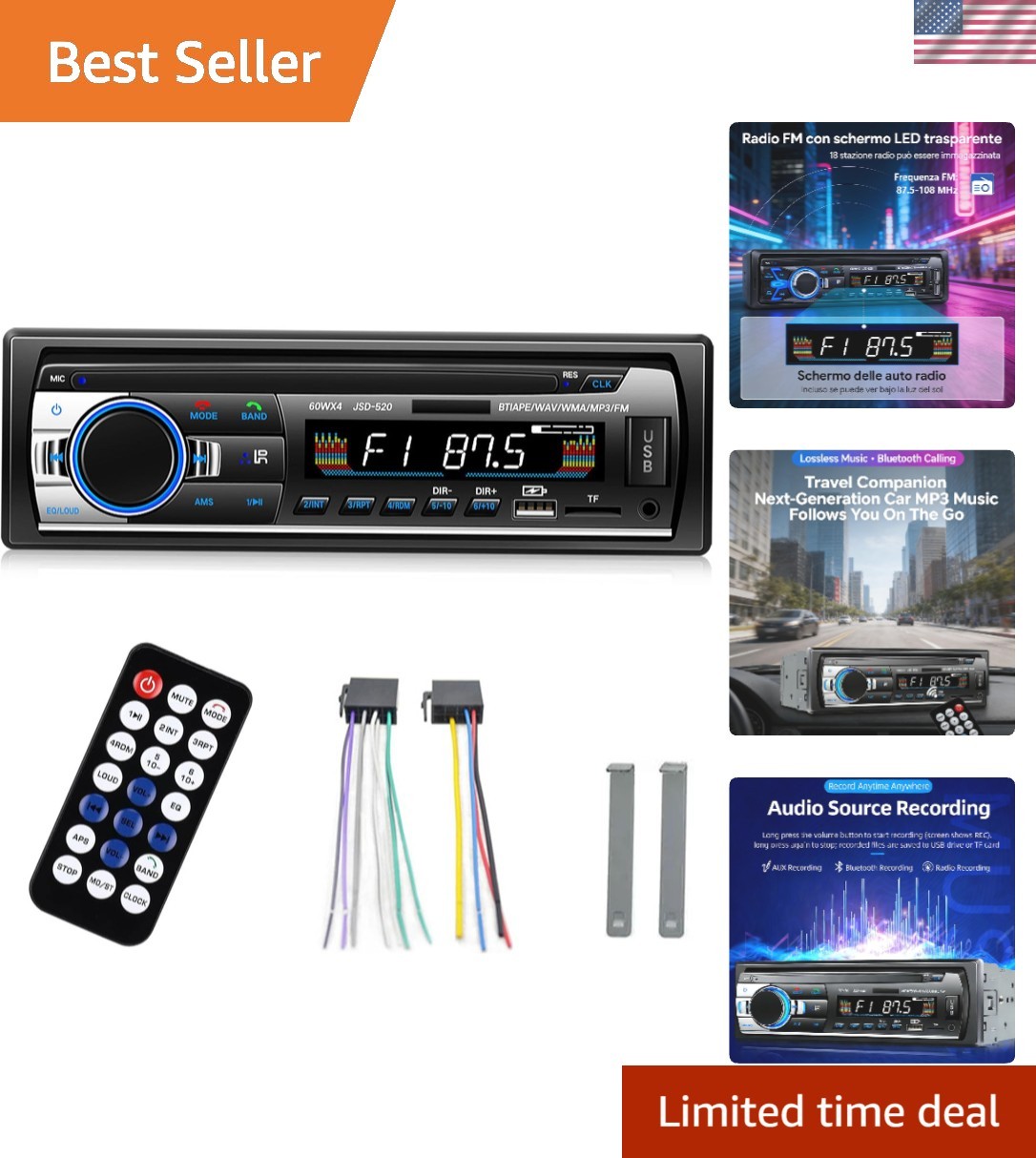 Hands-Free Bluetooth Car Stereo with Quick Charge USB and Dynamic Sound Effects