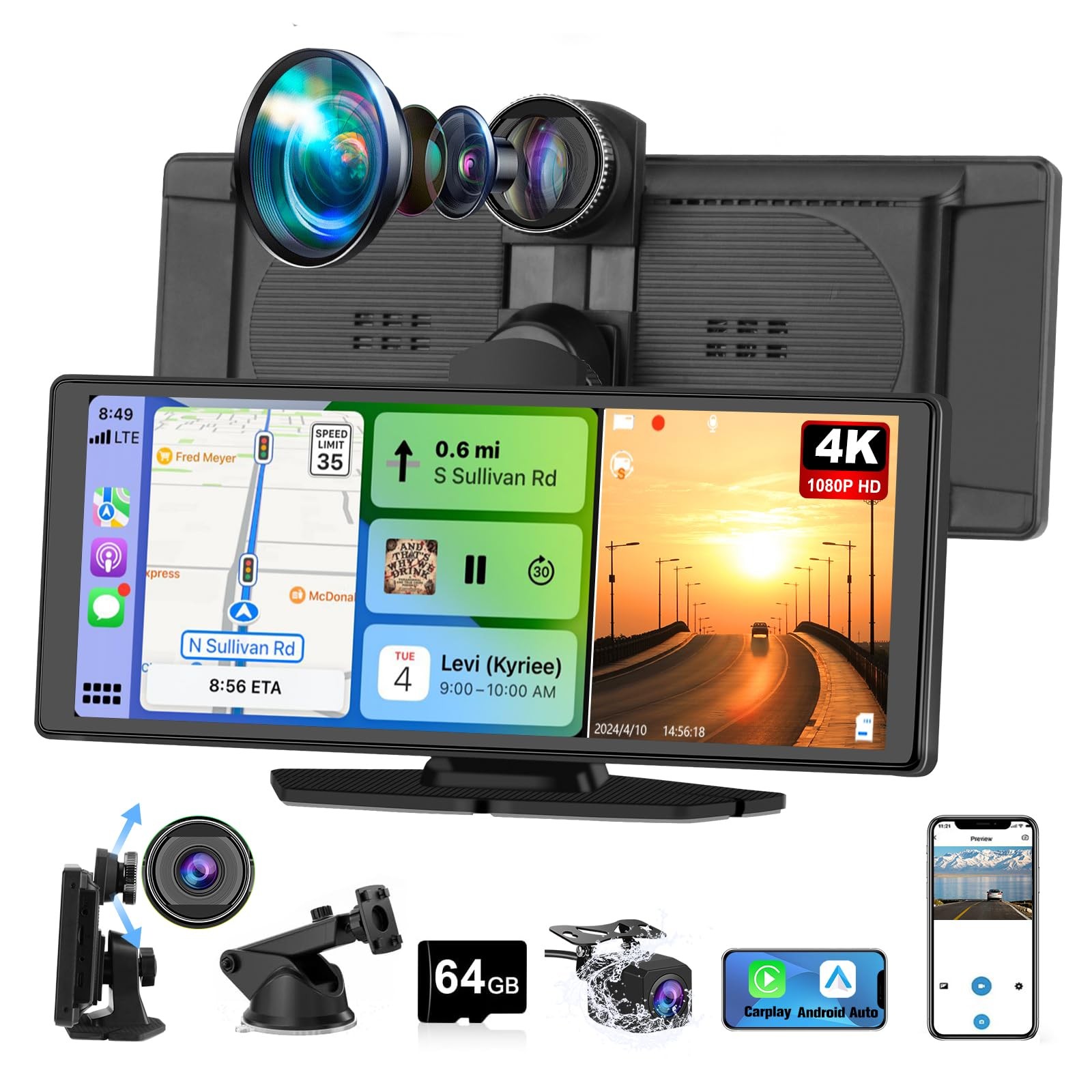 Pyniro Portable Wireless CarPlay Screen for Car with 4K Dash Cam+1080P…
