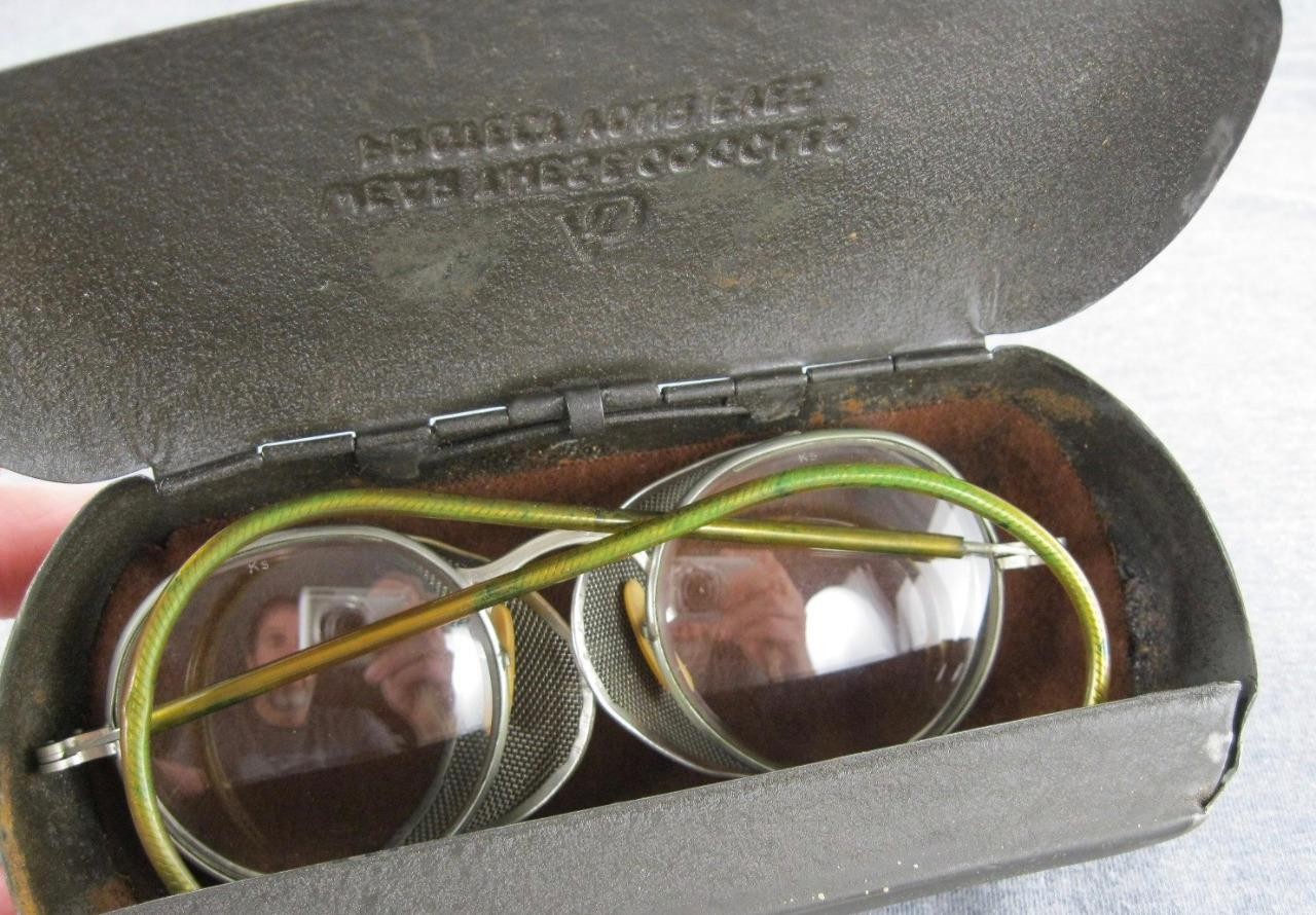 Vintage Pioneer Safety Glasses Wire Biker Motorcycle Steampunk w/ Metal Case