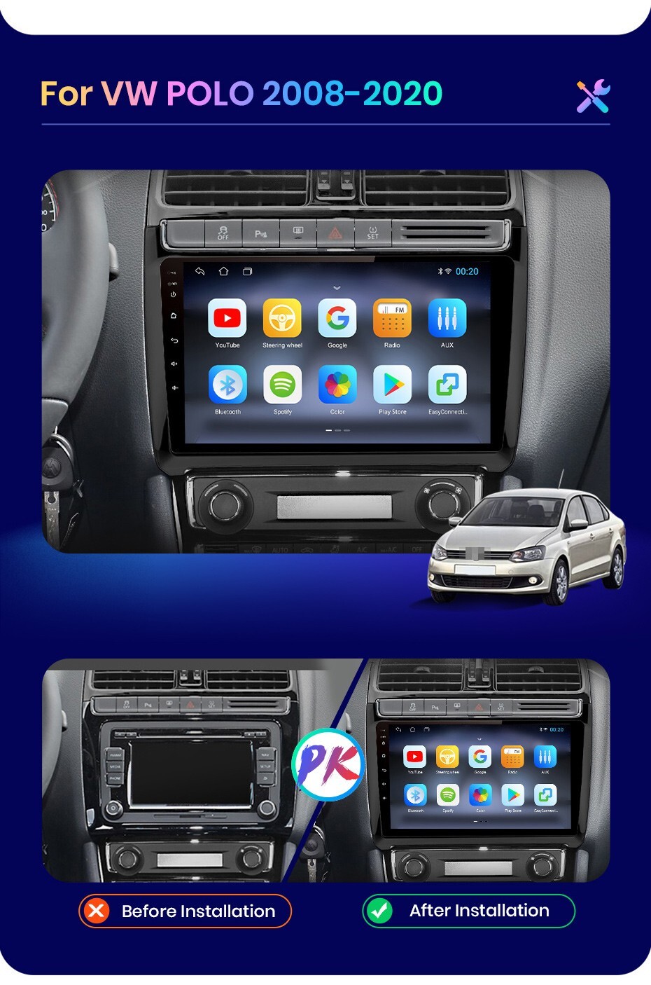 2 DIN Android Car Radio For Volkswagen Polo 9in GPS Wi-Fi Bluetooth CarPlay