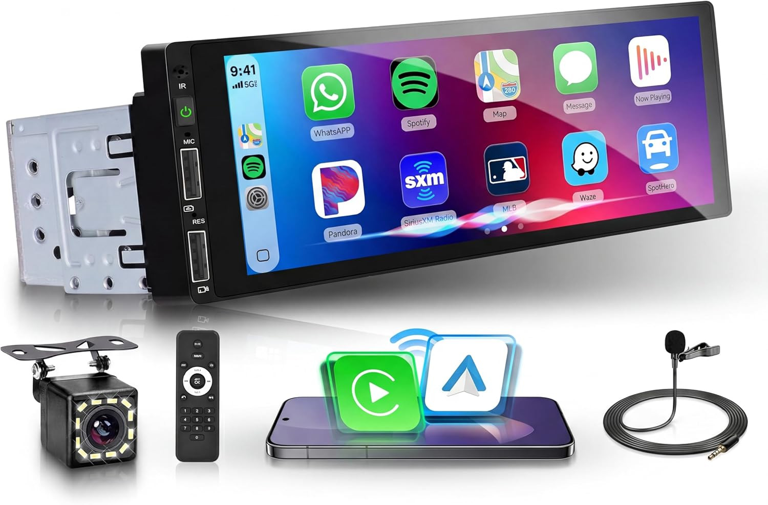 Single Din Car Stereo with Wireless Carplay & Android Auto, 6.9″ HD IPS Touchscr