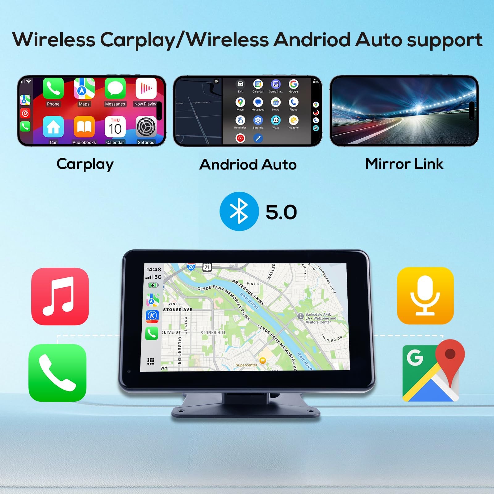 Portable Wireless Carplay Screen for Car,7 Inch Car Stereo Wireless Carplay