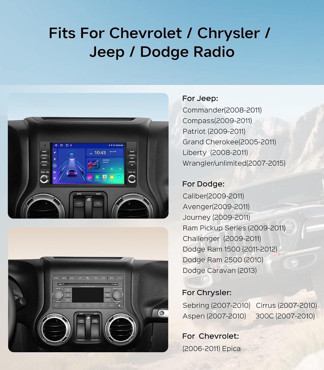 Car Stereo for Jeep, Dodge, Chrysler & Chevrolet Wireless Apple CarPlay Android