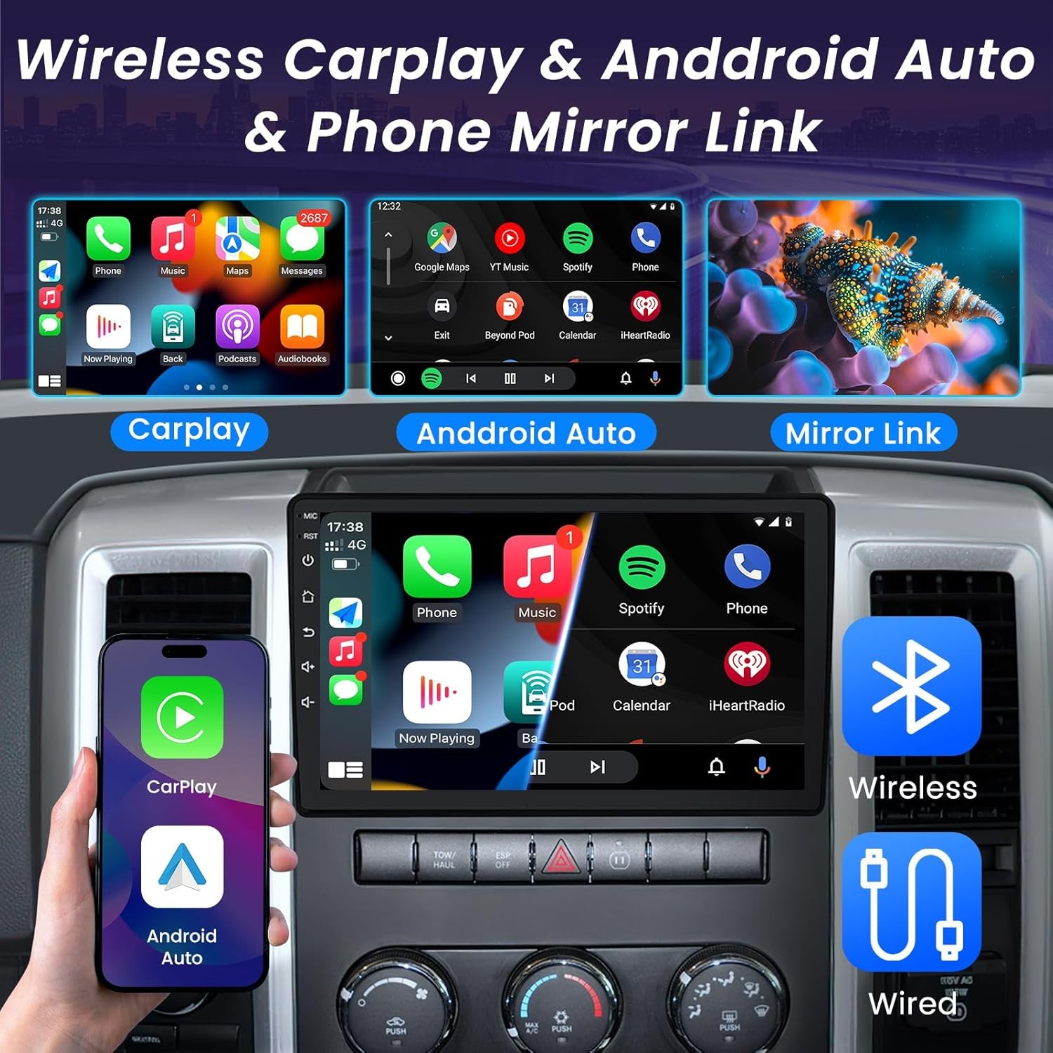 For 2009-2012 RAM Trucks 10.1″ QLED Android 13 Carplay Car Stereo Radio GPS Navi