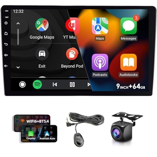 9″ 64GB Wireless CarPlay Android Auto Car Stereo, Double Din HD Touch Screen