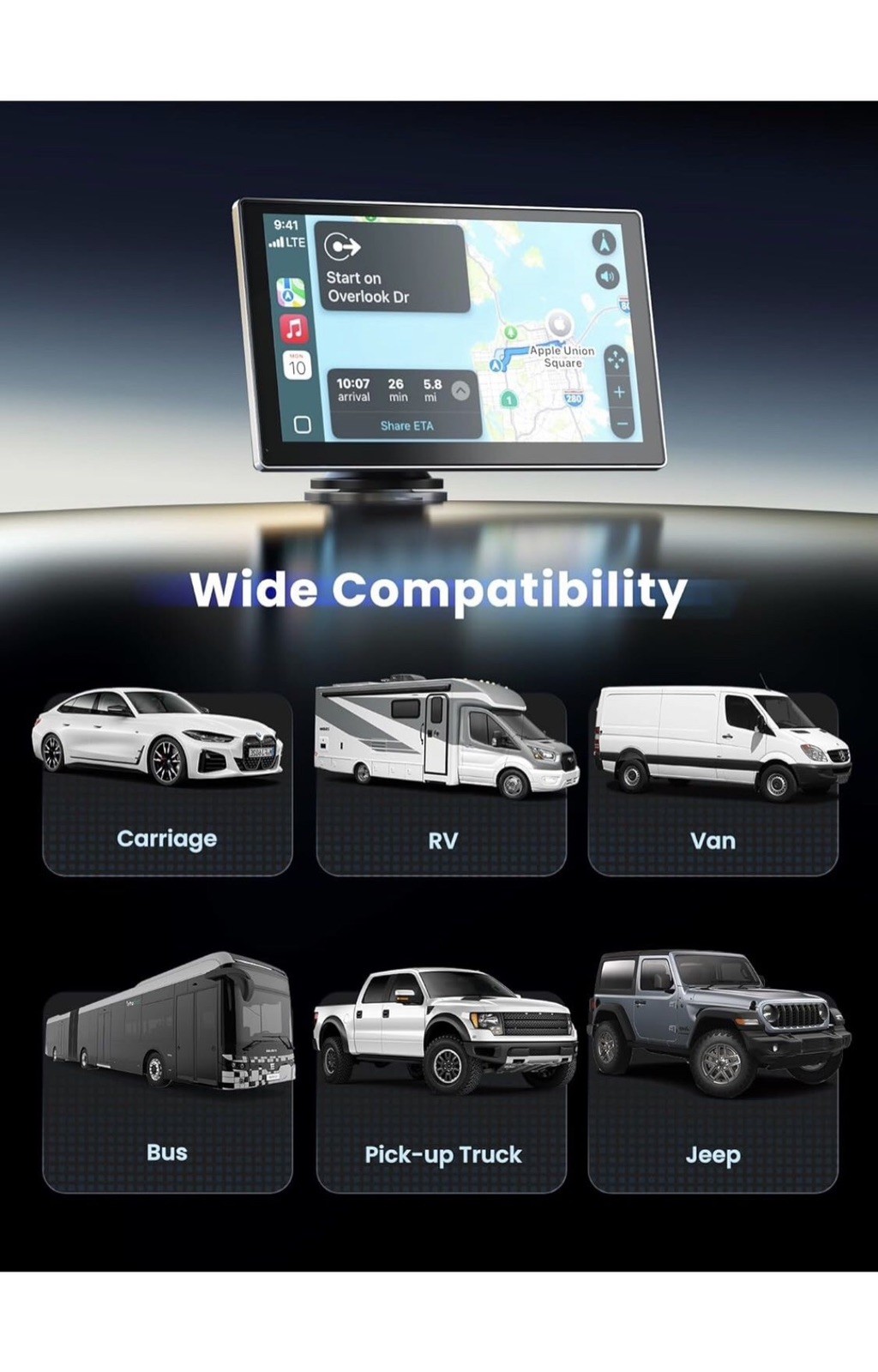 Carplay Screen for Car, 9″ Portable Wireless Carplay & Android Auto, 4K DashCam