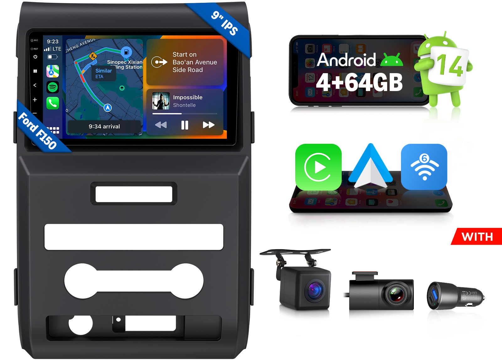 Android 14 4+64 9″Car Stereo GPS Navigation CarPlay FM Radio Ford F150 2009 2010