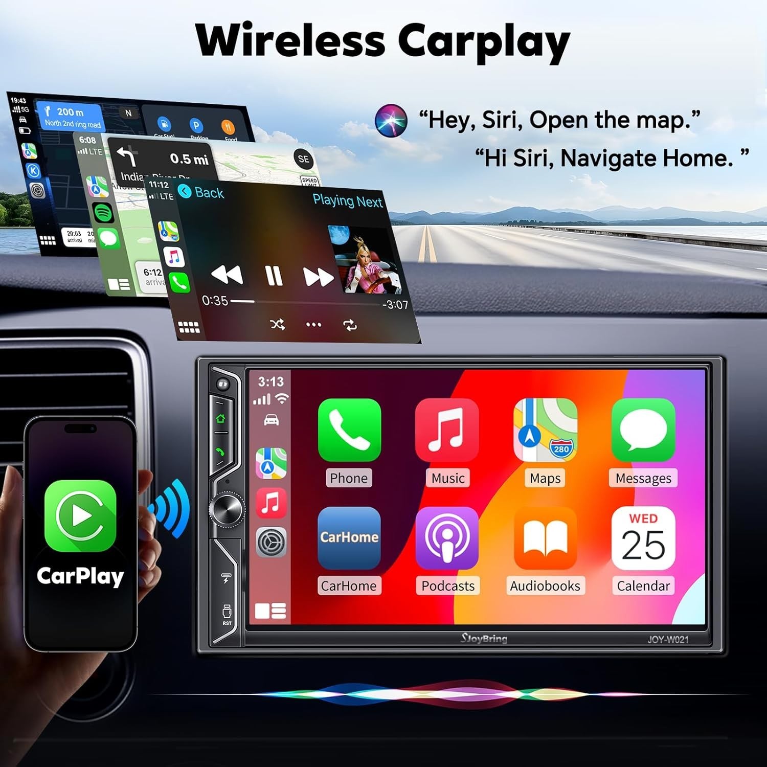 7″ Double Din Car Stereo Wireless Apple CarPlay Android Auto QLED HD 240W