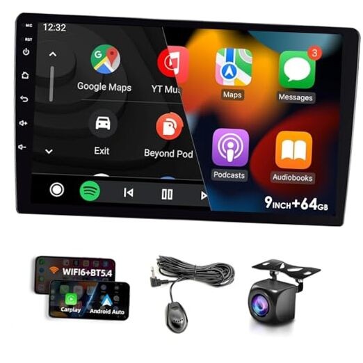 9″ 64GB Wireless CarPlay Android Auto Car Stereo, Double Din HD Touch Screen