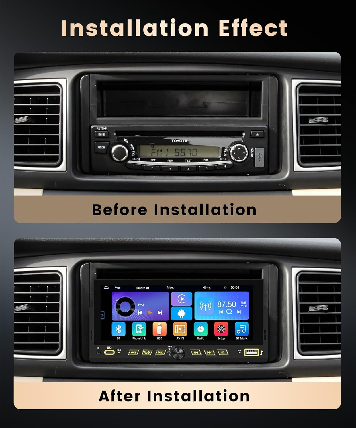 Single DIN Car Stereowireless Carplay Android Auto, 6.86-Inch Touch Screen Car R