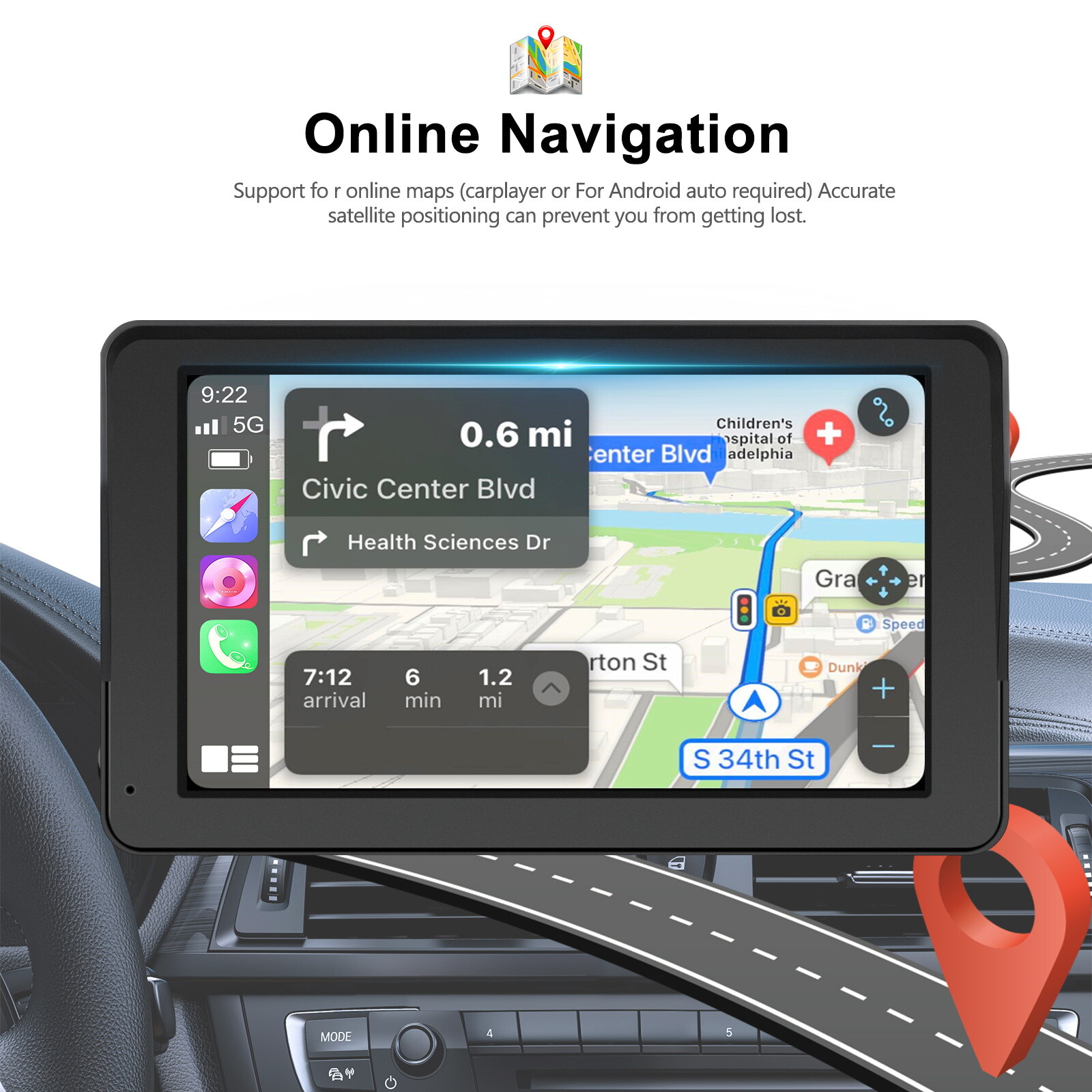 7″ Portable Car Stereo Wireless Apple CarPlay Android Auto BT GPS Radio + Camera