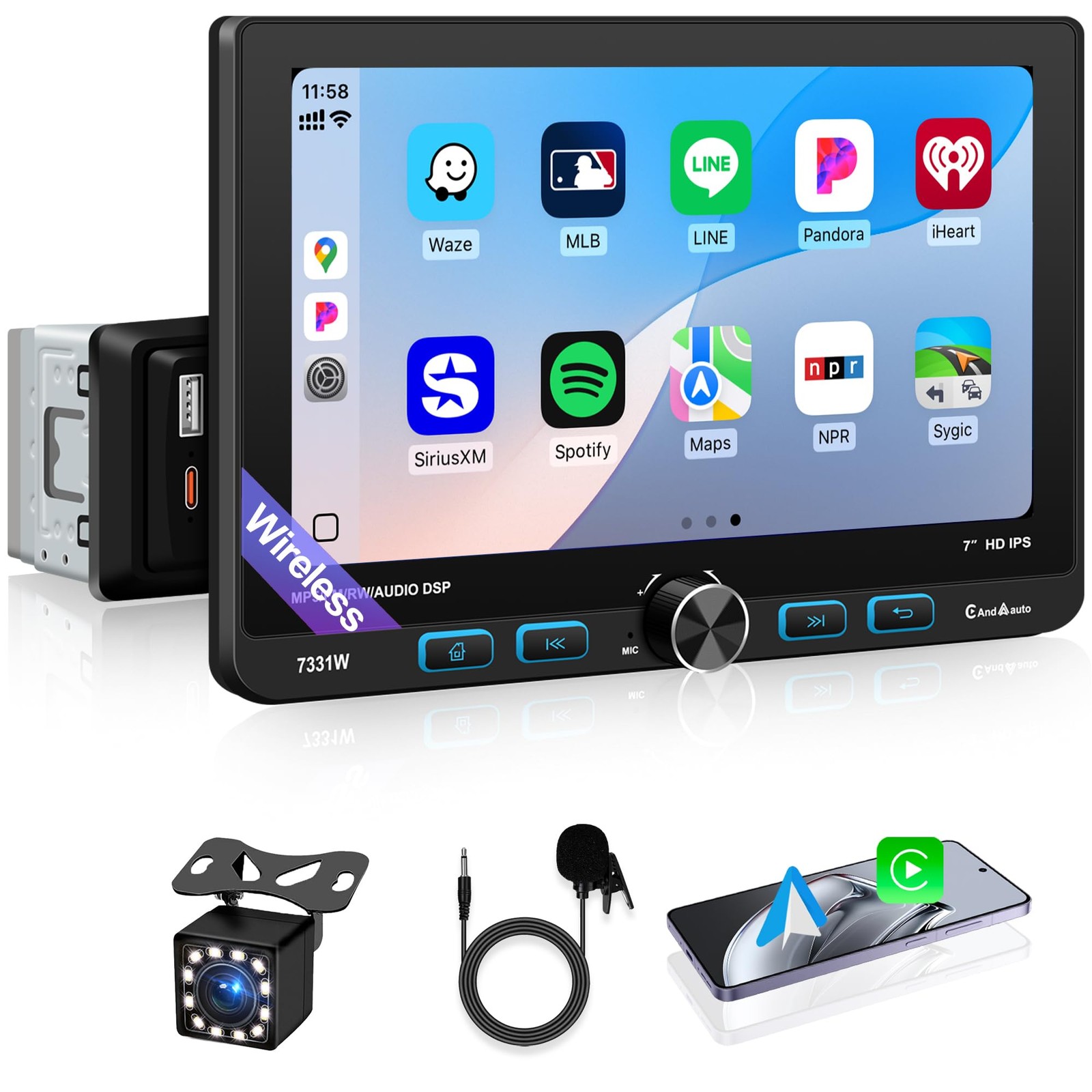 7 Inch Single Din Car Stereo Wireless Apple CarPlay & Android Auto, Detachabl…
