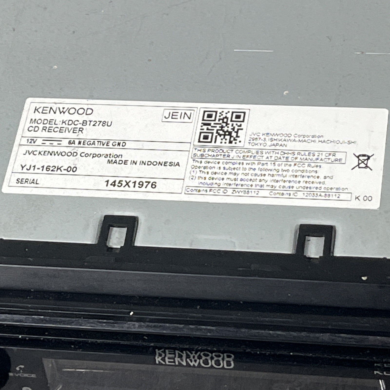 Kenwood CD Receiver with Bluetooth (KDC-BT278U) Untested – Worked When Removed