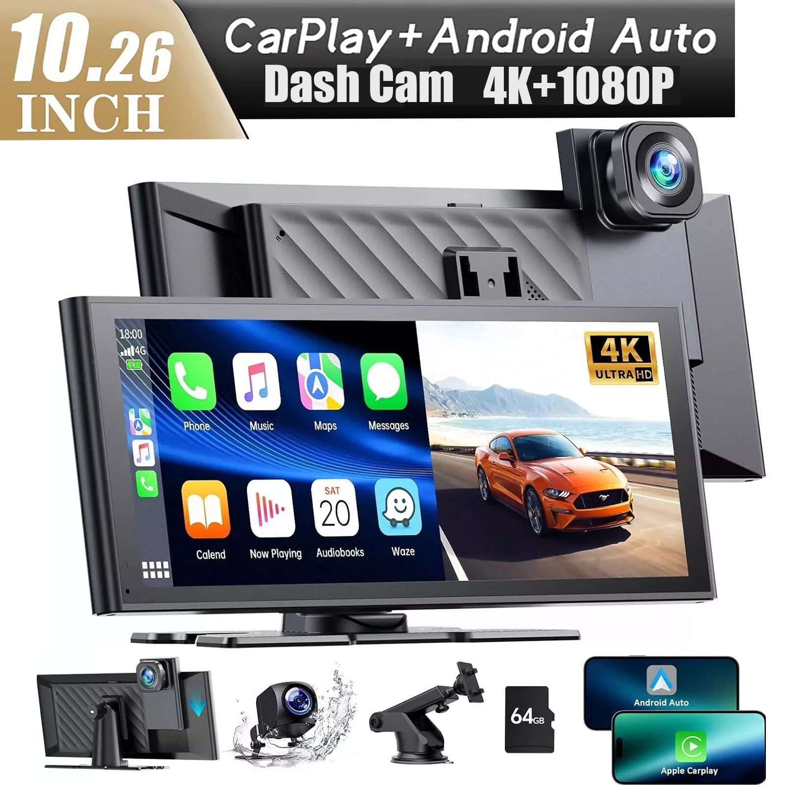 10.26″Car Stereo Radio 4K Dash Cam Wireless Apple Carplay&Android Auto+1080P Cam