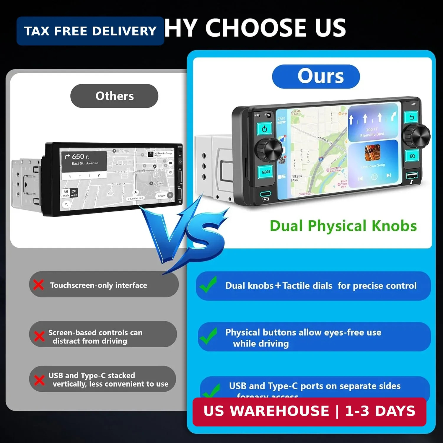 Car Stereo – Dual Knob Touchscreen Radio with Wireless CarPlay bluetooth