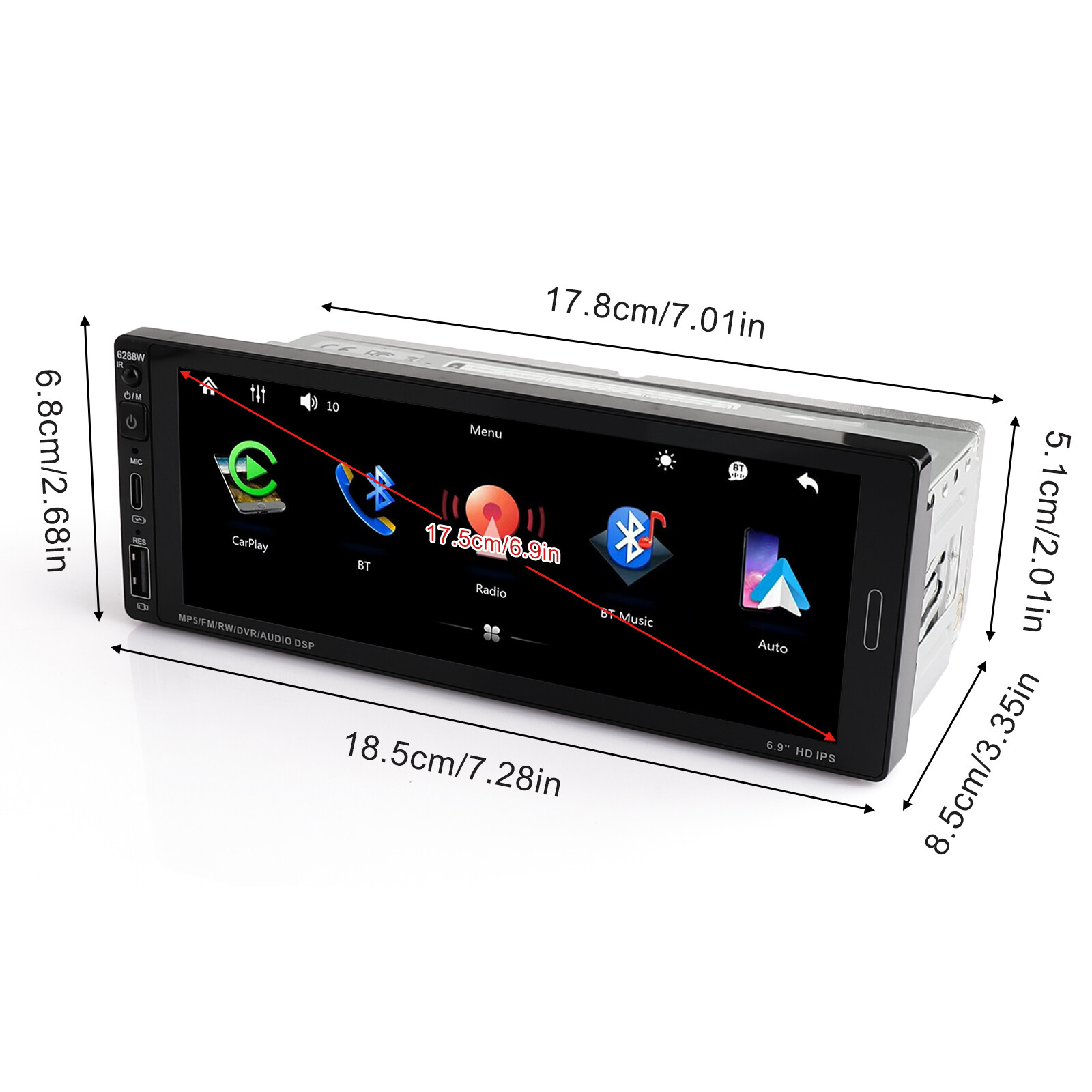 Single Din Car Stereo Wireless CarPlay 6.9 Touchscreen Bluetooth Radio USB