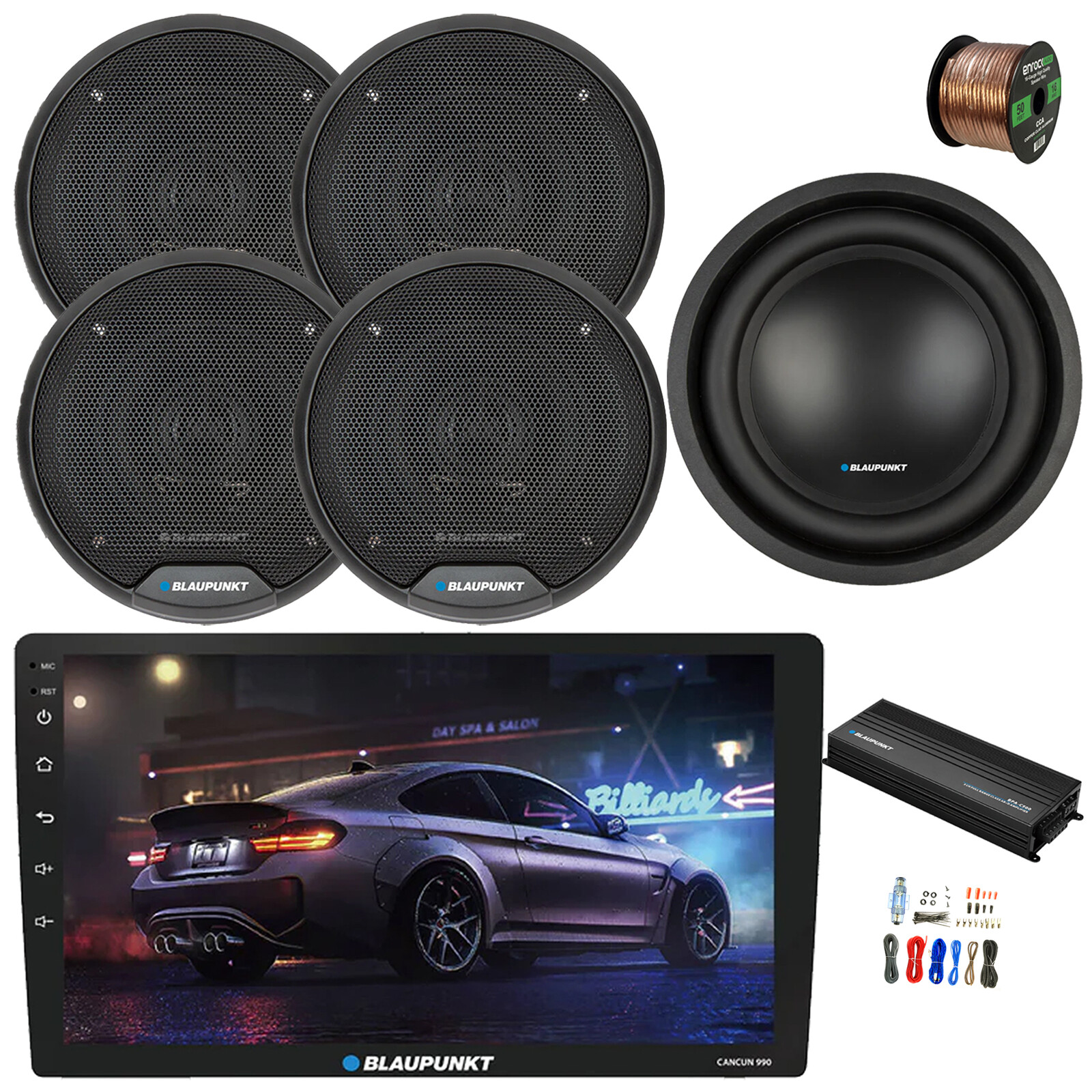 Blaupunkt 9″ Touchscreen WiFi Radio, Amp w/Kit, 10″ Sub, 4x 6″ 40W Speaker,Wire