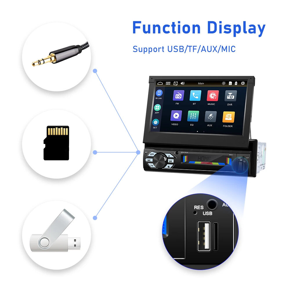 7″ 1 Din Car Stereo Radio Telescopic Screen Touch Screen Wireless Carplay FM+cam