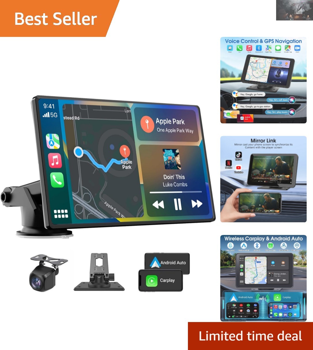 7-Inch Portable HD Carplay & Android Auto Screen with Backup Camera & Siri