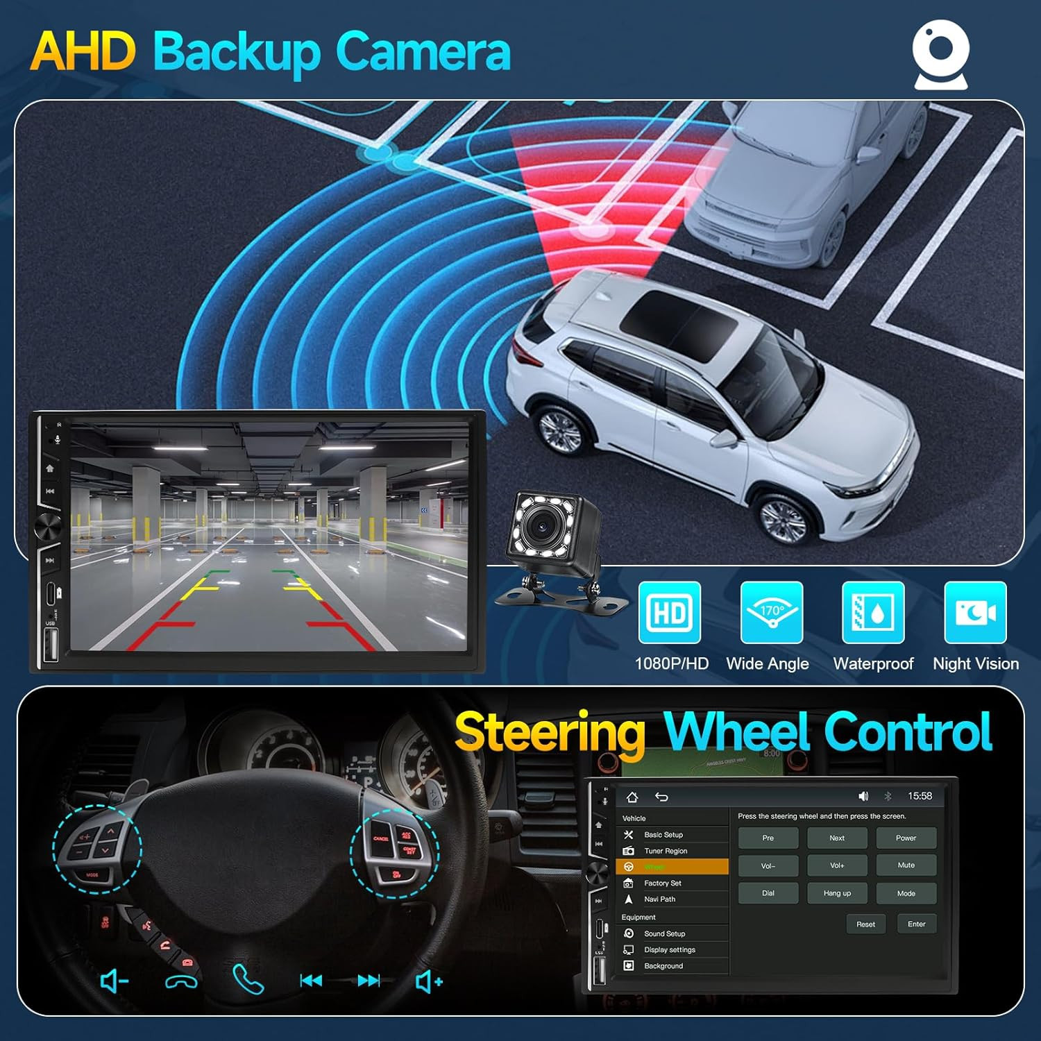 Wireless Double Din Car Stereo with Apple Carplay, 7Inch Touchscreen Double Din