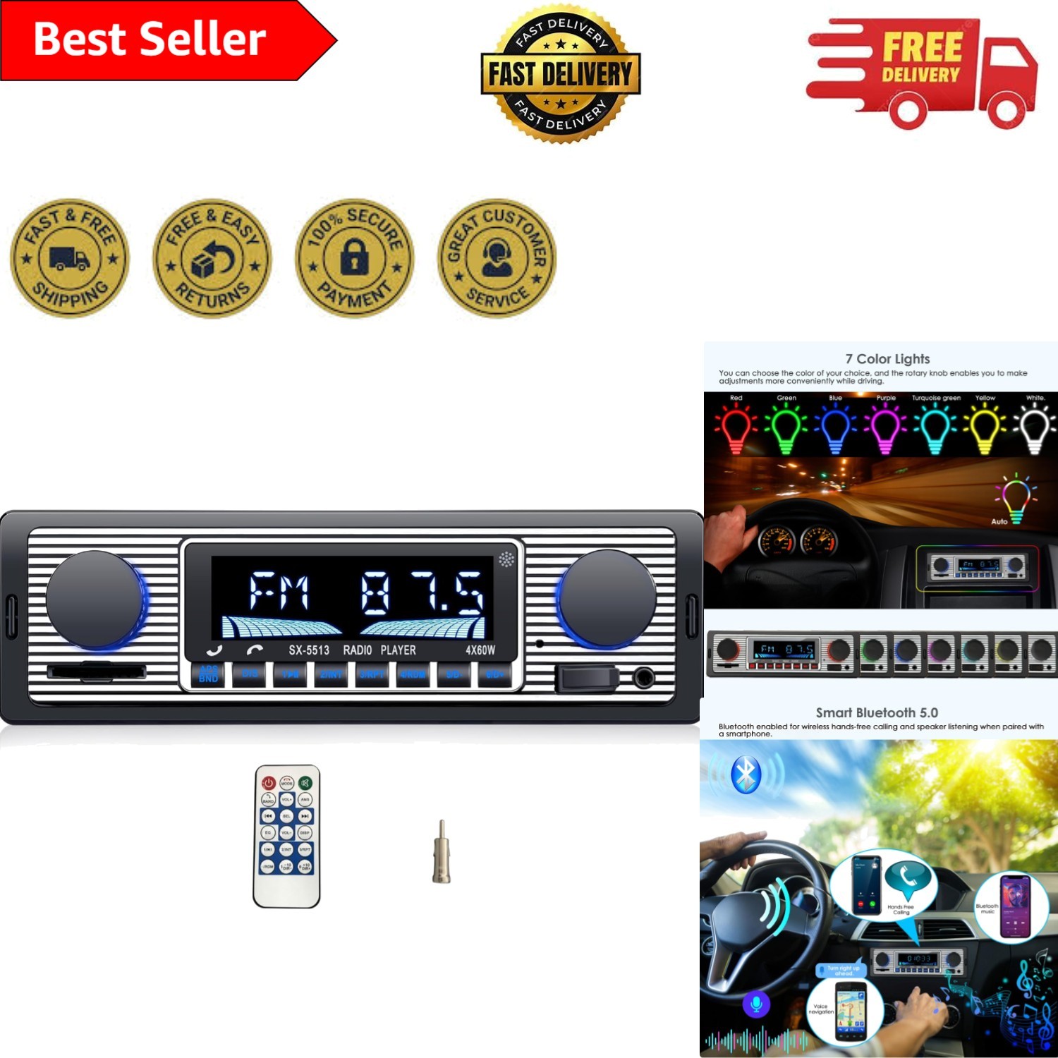 Multi-Function Single Din Bluetooth Stereo with AUX/SD Port & Remote Control