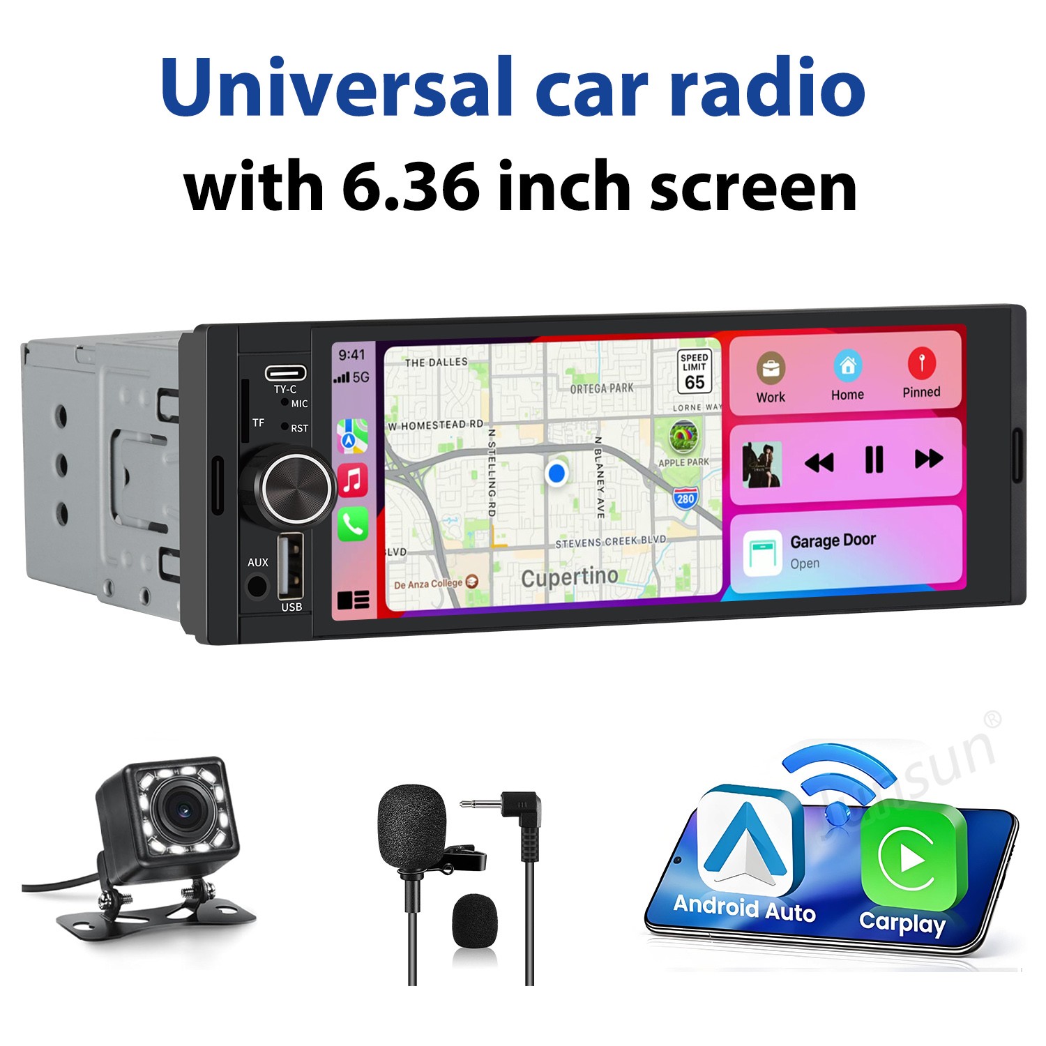 Rear Camera MIC 6.36″CarPlay Android Auto Universal Car Stereo Multimedia Player