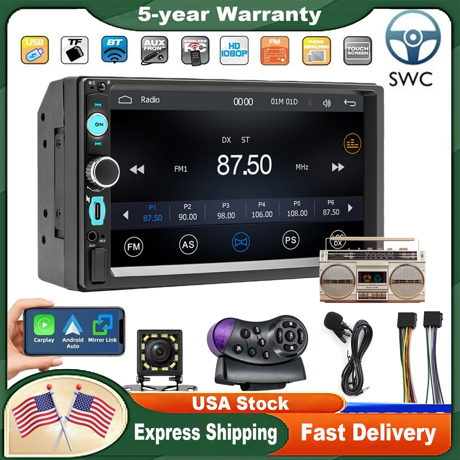 7″ Double 2 DIN Car Stereo Radio MP5 Touch Screen Bluetooth FM USB w/Rear Camera